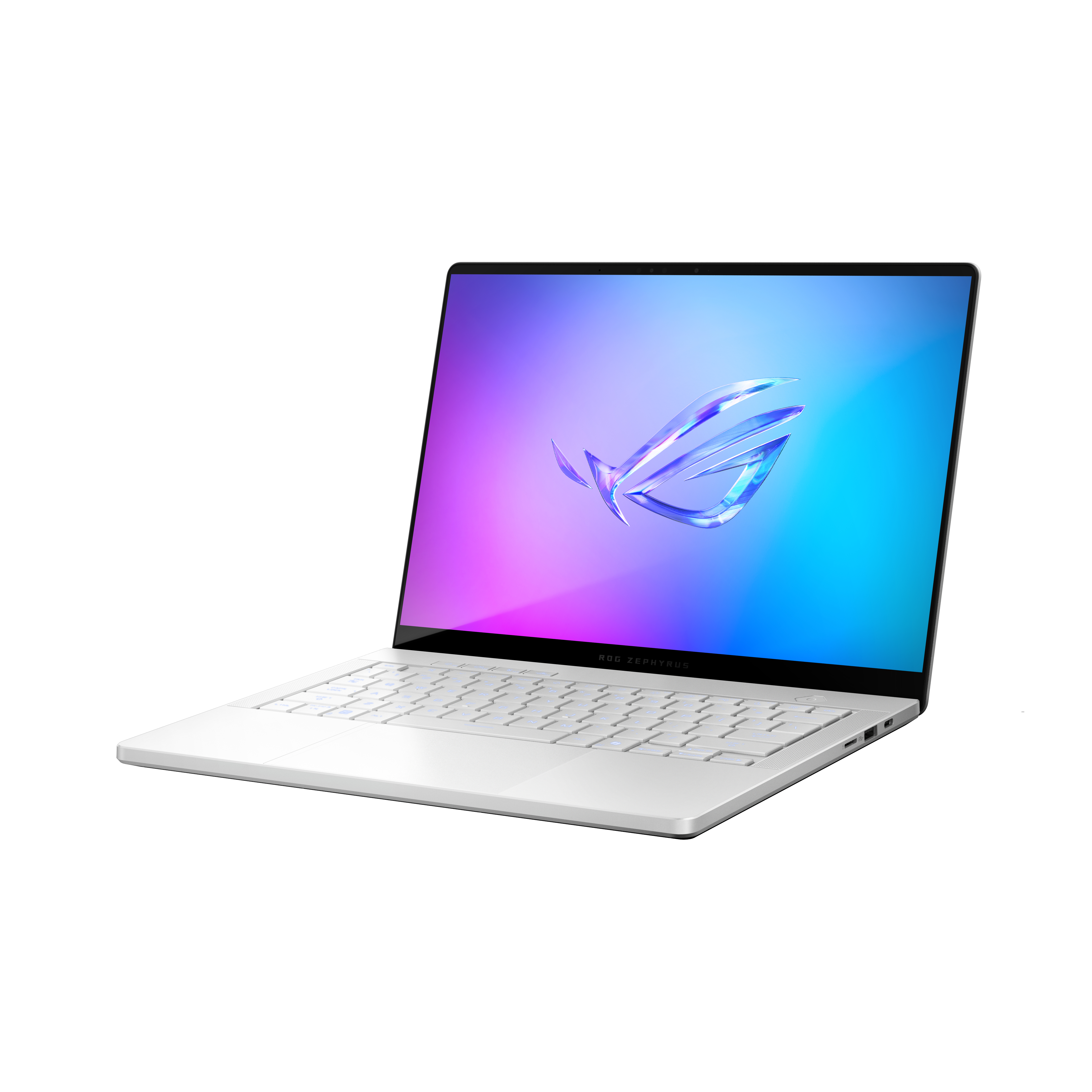 Weißer Laptop mit farbenfrohem Bildschirm, geöffnet. Tastatur und Logo sind sichtbar.