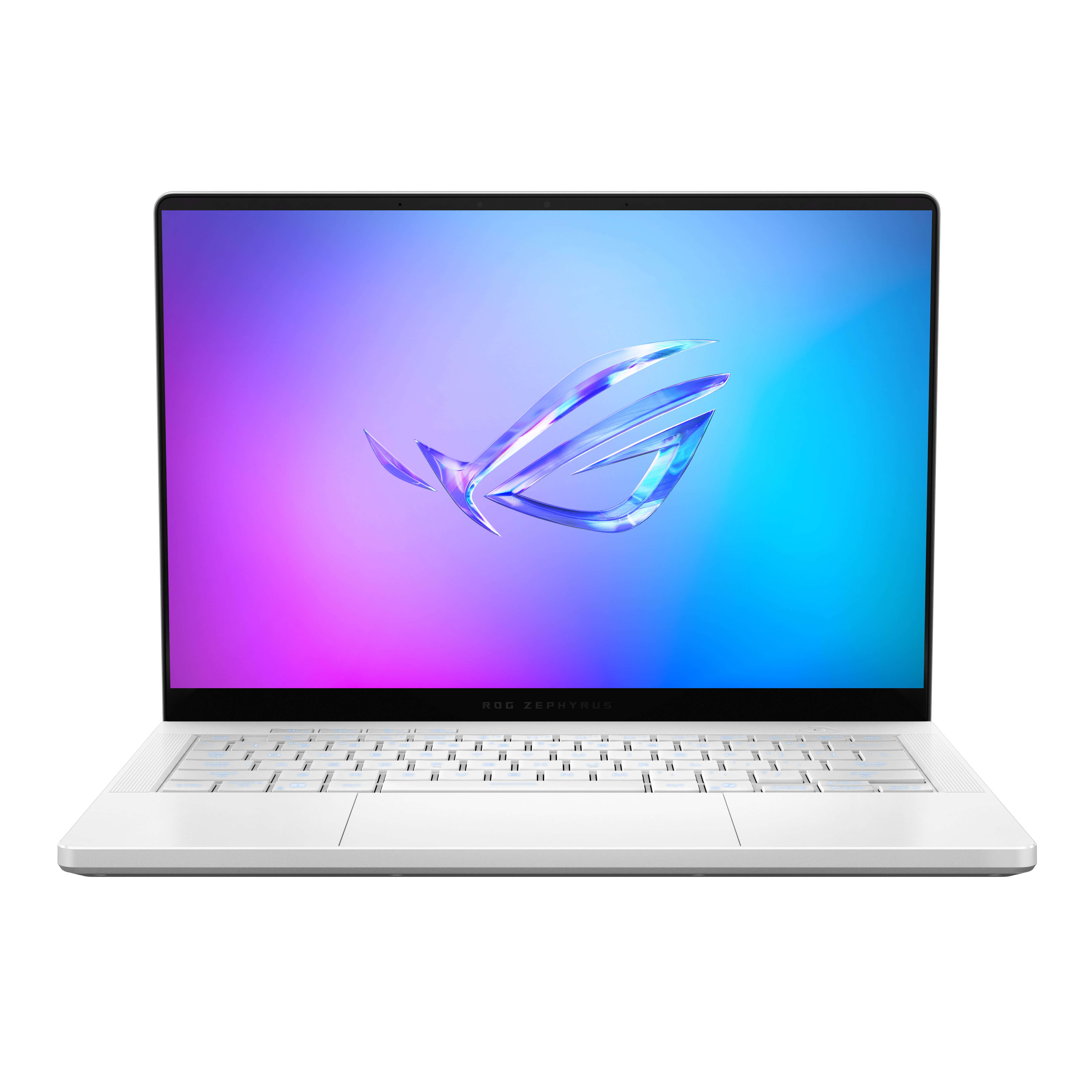 Biały laptop z kolorowym ekranem, otwarty. Klawiatura i logo są widoczne.