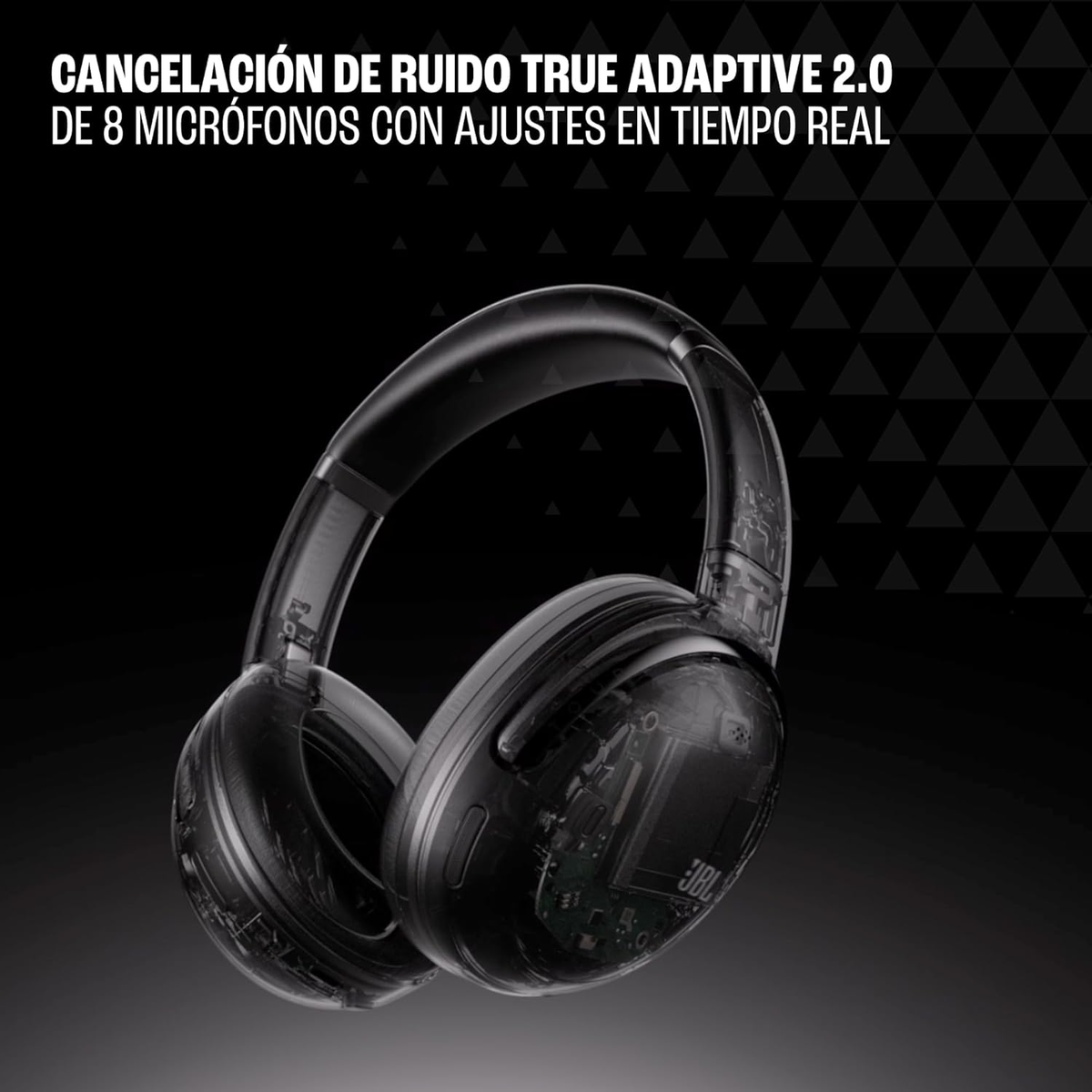 Cuffie nere con design trasparente, su sfondo scuro. Logo JBL visibile.