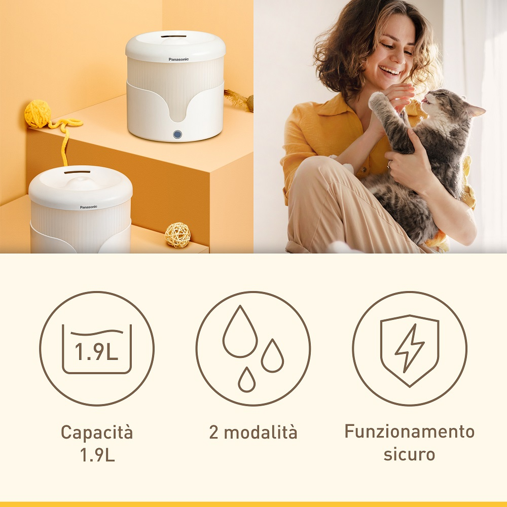 Kobieta głaszcząca kota, z dozownikiem wody i ikonami pojemności, trybów i bezpieczeństwa.