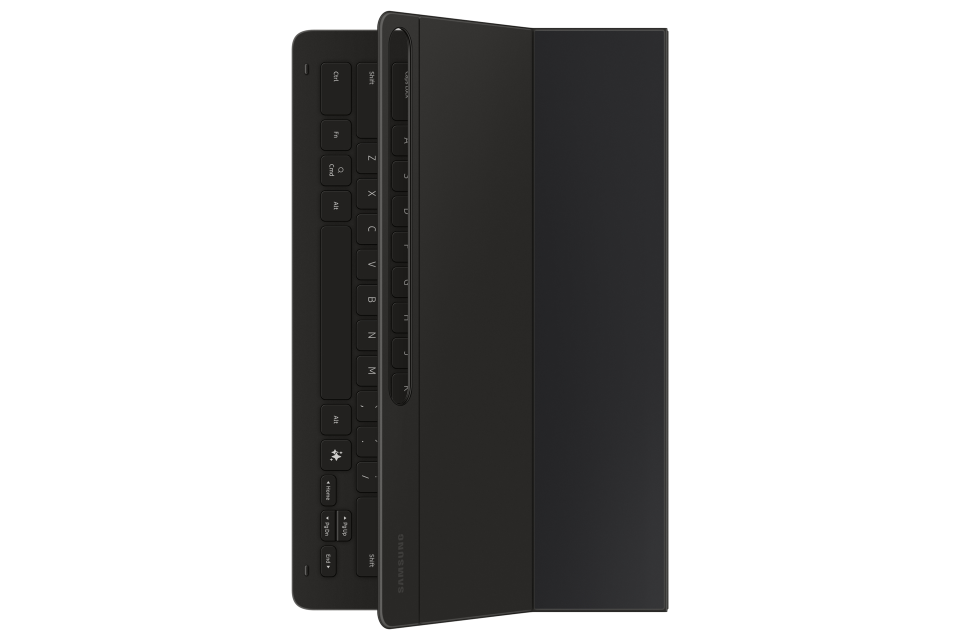 Housse de clavier de tablette noire, fermée, montrant le clavier et la housse, logo Samsung visible.