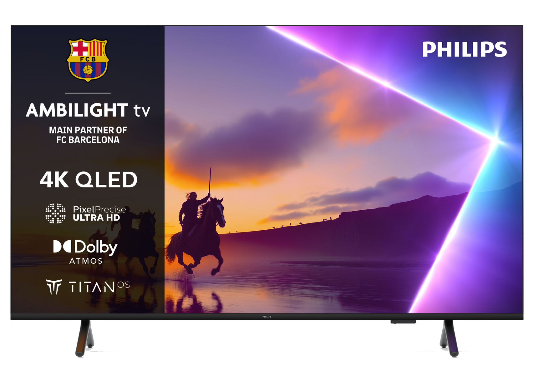 Ekran telewizora wyświetlający scenę zachodu słońca z końmi, logo i tekstem promującym produkt.