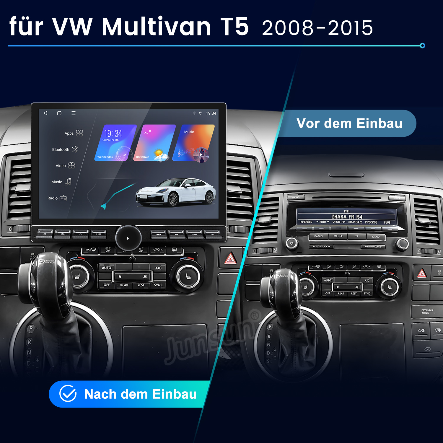 Ein Auto-Mediaplayer mit mehreren physischen Tasten. Im Hintergrund ist ein Auto zu sehen.