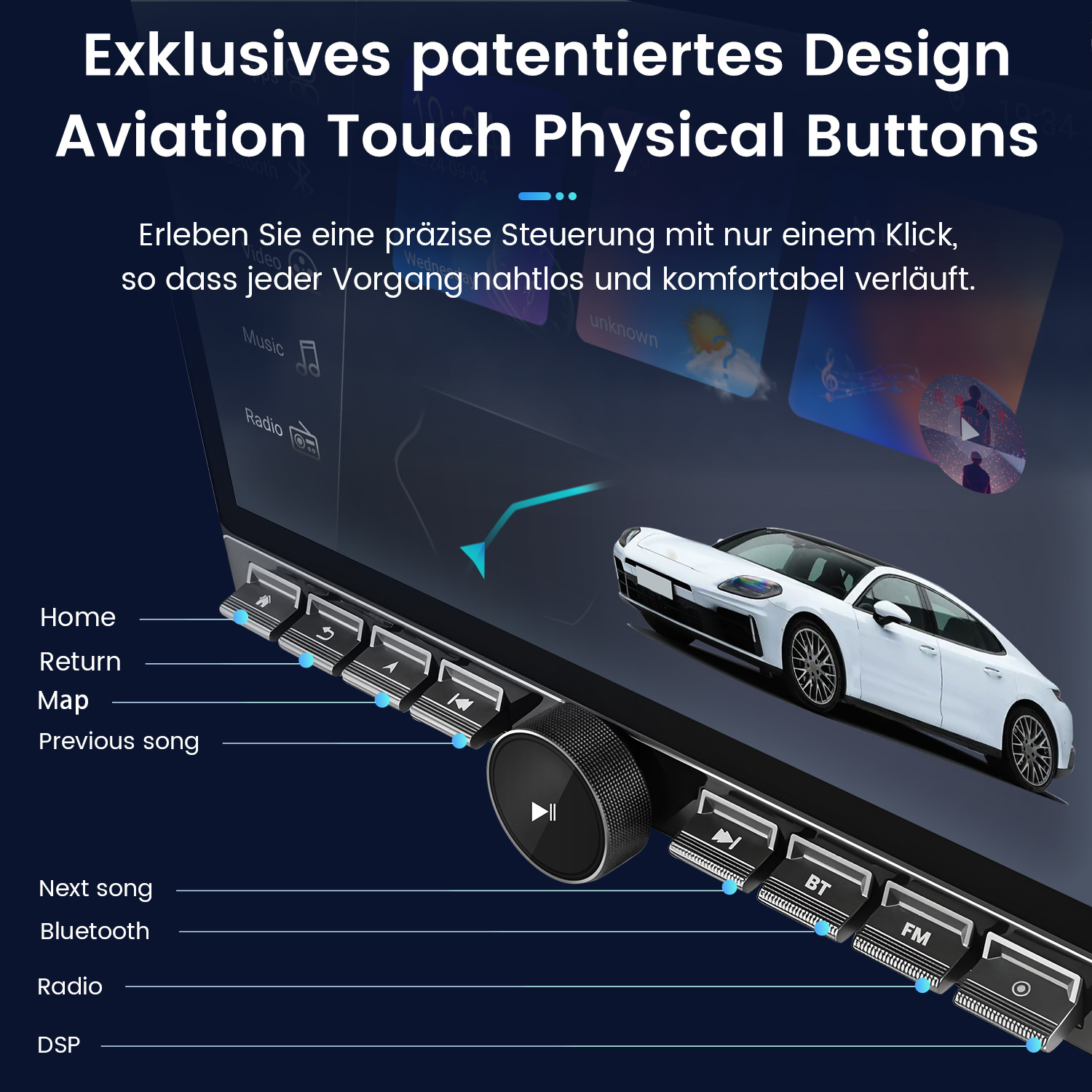 Ekran radia samochodowego pokazuje interfejs radia. Radio jest w samochodzie.