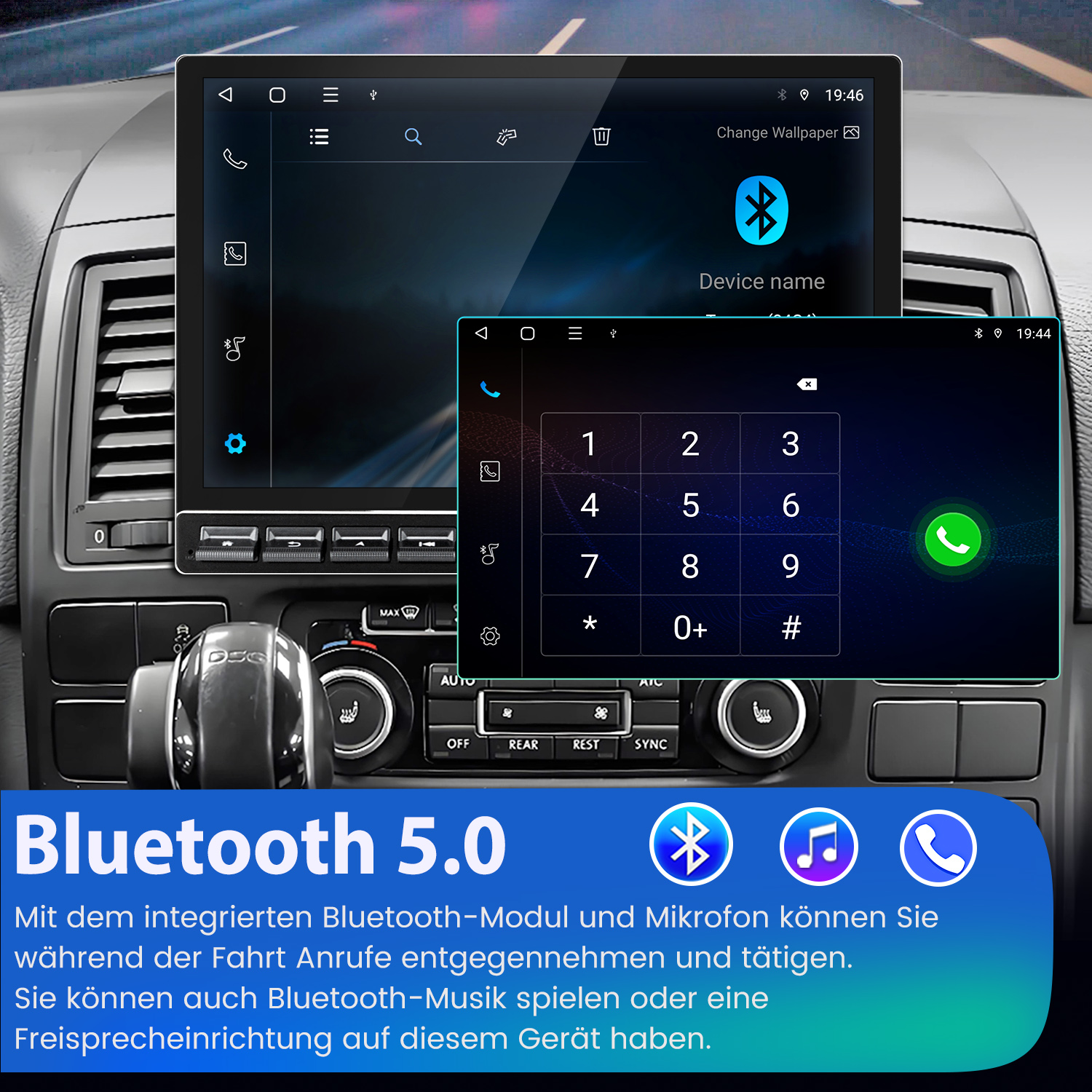 Armaturenbrett mit zwei Bildschirmen, die eine Telefonschnittstelle zeigen. Bluetooth-Logo.