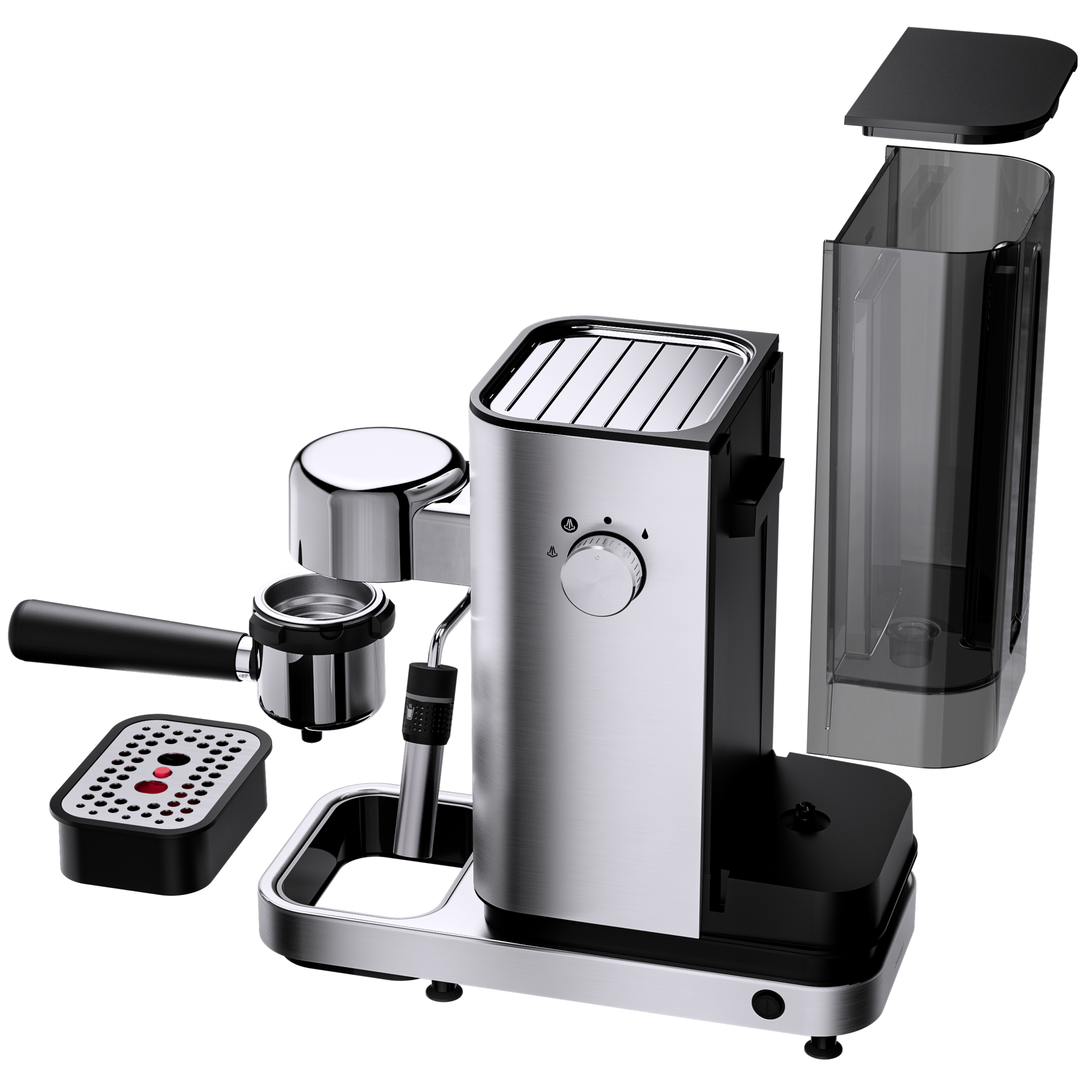 Espressomaschine zerlegt. Schwarze und silberne Teile. Weißer Hintergrund.