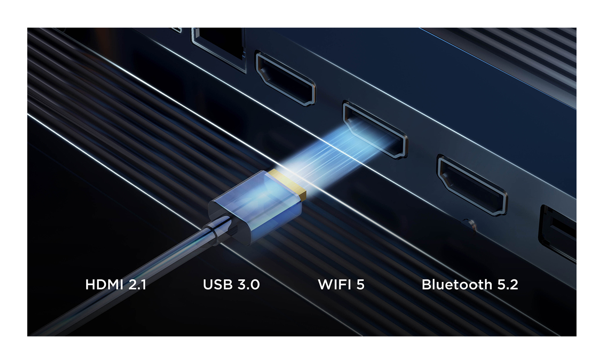 Porty laptopa z kablem podłączonym do HDMI. Etykiety: HDMI 2.1, USB 3.0, WIFI 5, Bluetooth 5.2