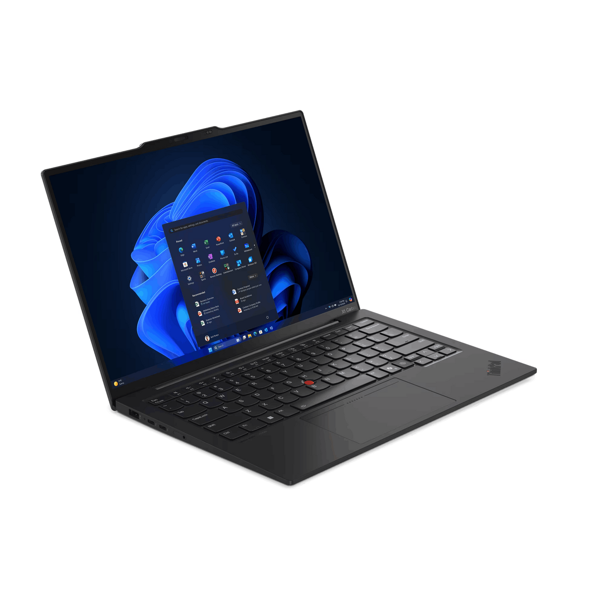 Un portátil negro con la pantalla abierta, mostrando una interfaz de Windows, sobre un fondo negro.
