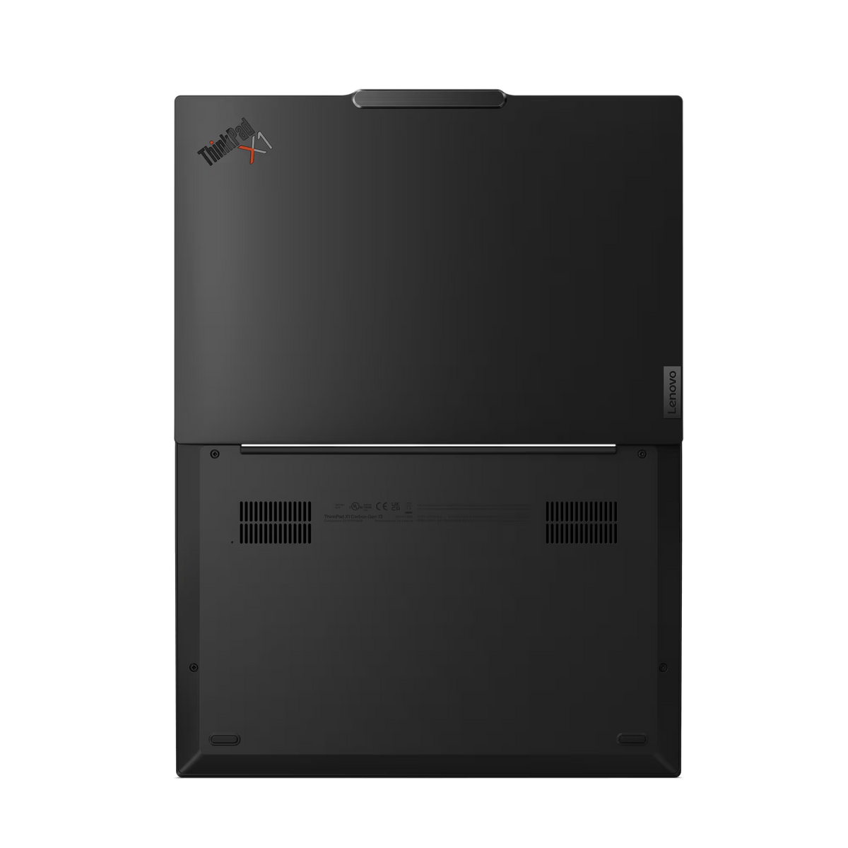 Vista superior de un portátil negro con el logotipo de ThinkPad, sobre un fondo negro.