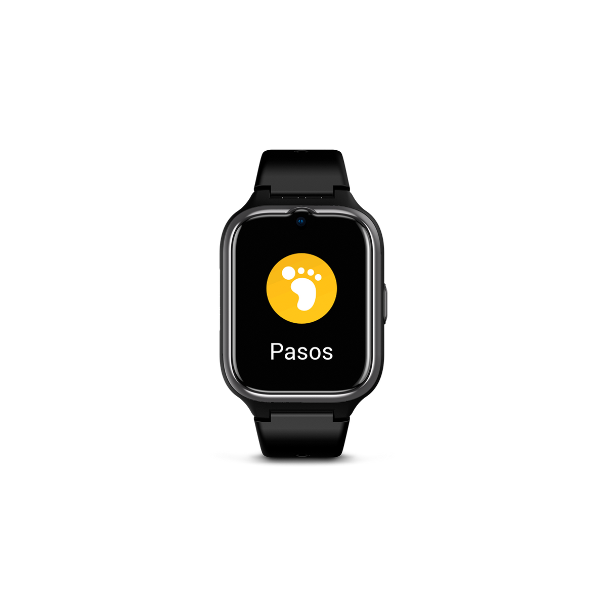 Eine schwarze Smartwatch mit einem 'Pasos'-Symbol auf dem Bildschirm, vor schwarzem Hintergrund.