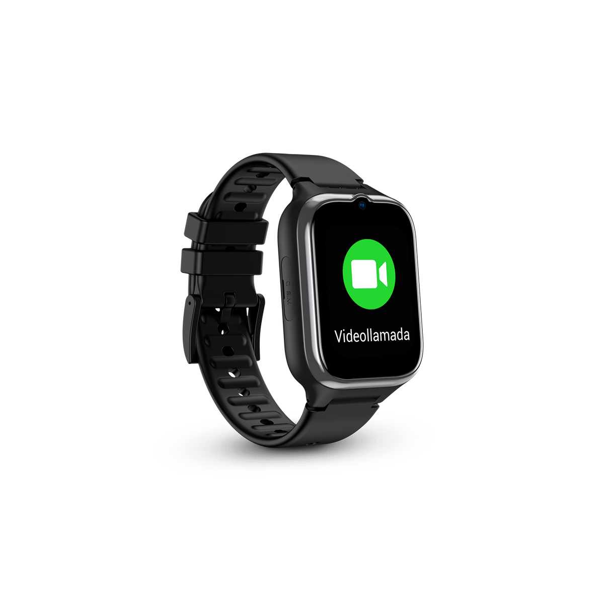 Eine schwarze Smartwatch mit einem Videoanruf-Symbol auf dem Bildschirm, vor schwarzem Hintergrund.