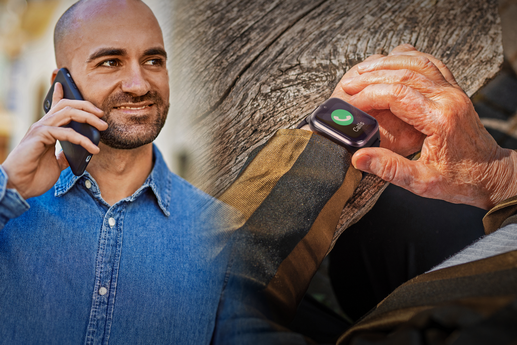 Mann am Telefon, Arm mit Uhr, die einen Anrufbildschirm zeigt. Holz Hintergrund.
