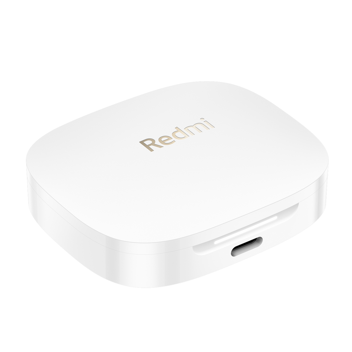 Een witte, rechthoekige Redmi oplaadcase met de merknaam in goud, op een donkere achtergrond.