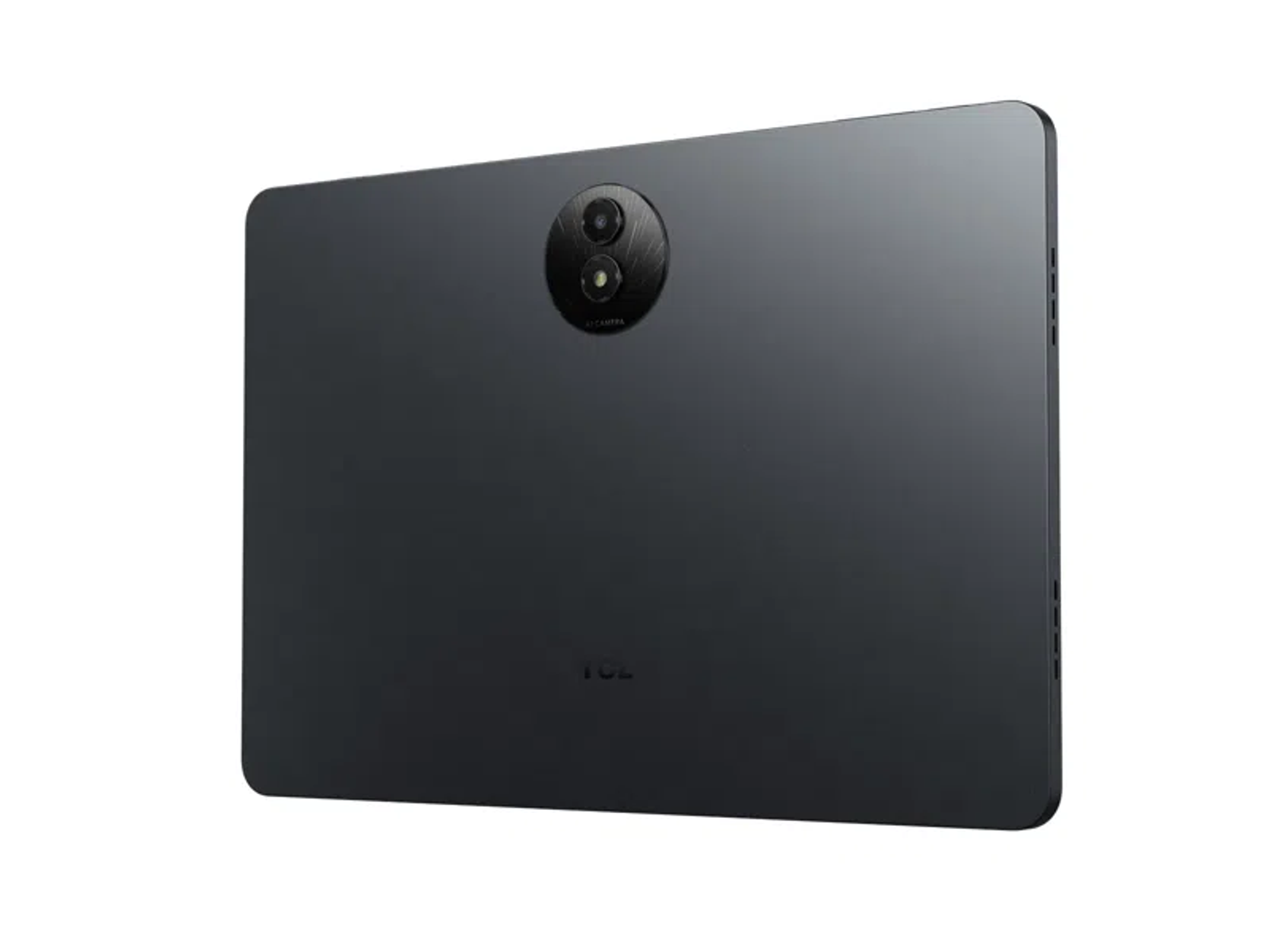 Ciemnoszary tablet na białym tle. Z tyłu ma podwójny aparat.