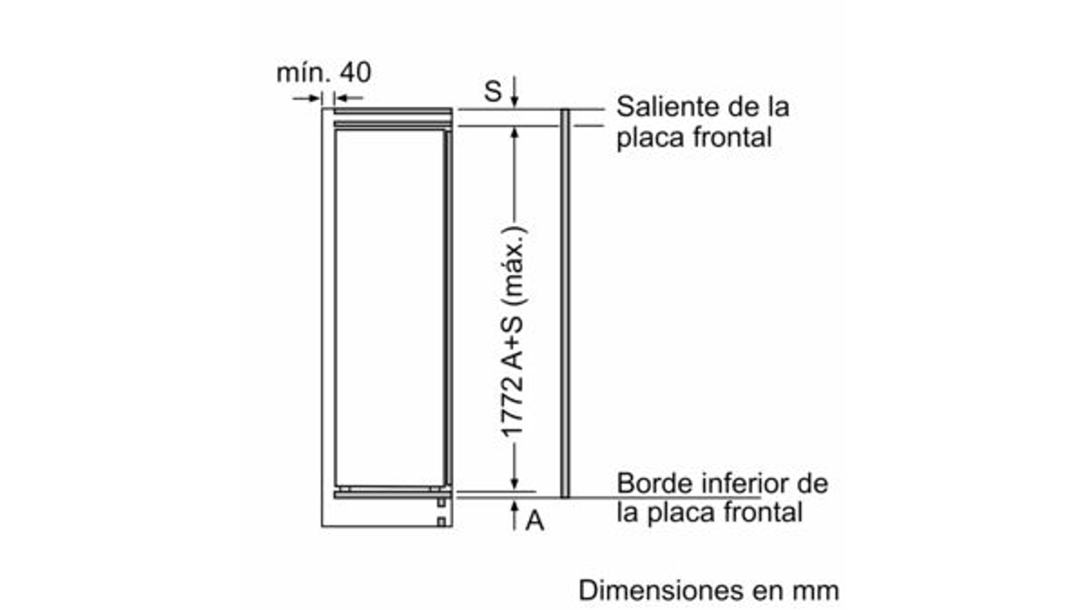 Technical drawing of a refrigerator installation, showing dimensions and measurements.