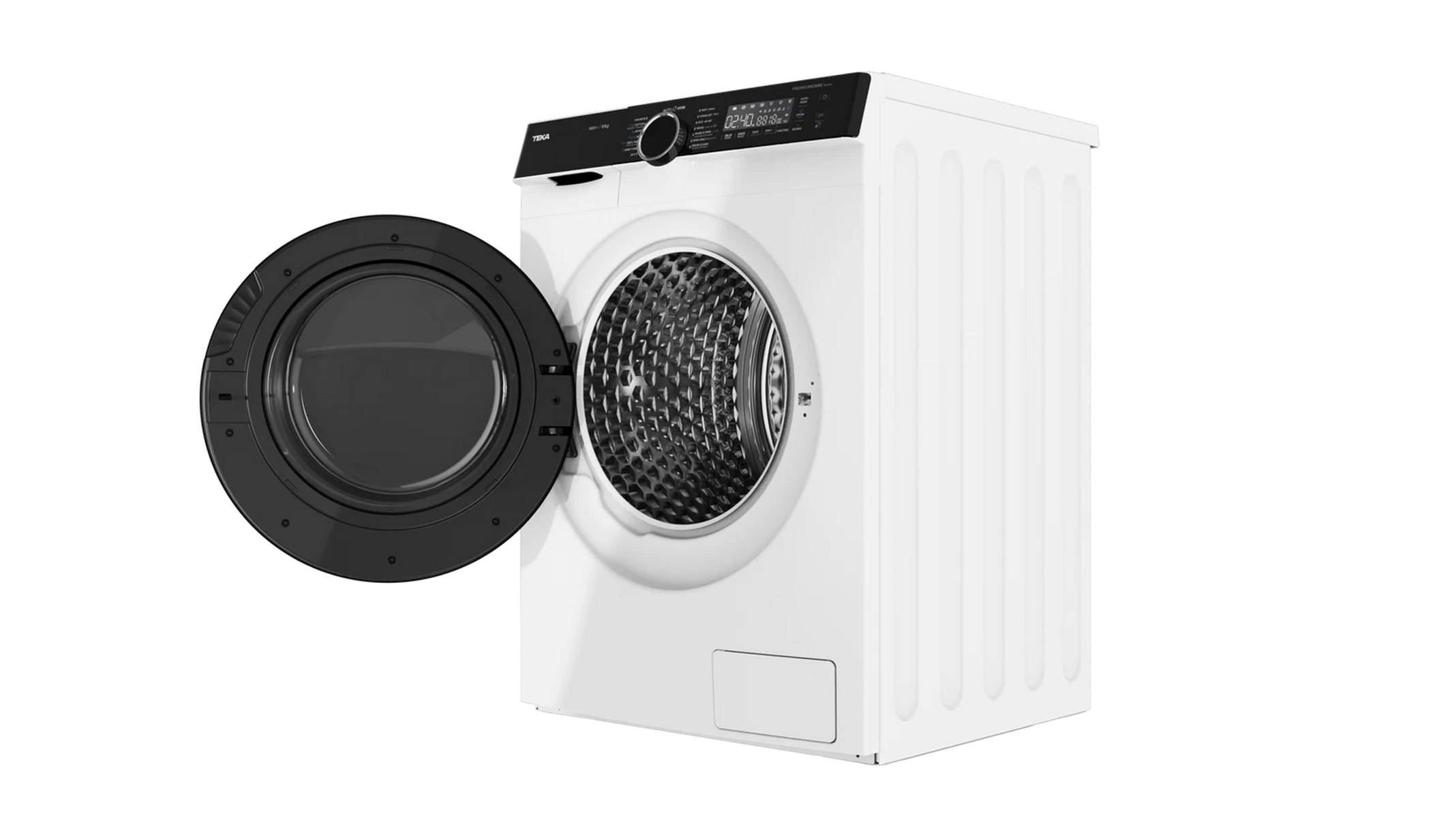 Szuflada na detergent i panel sterowania pralki. Pralka biała, czarne akcenty.