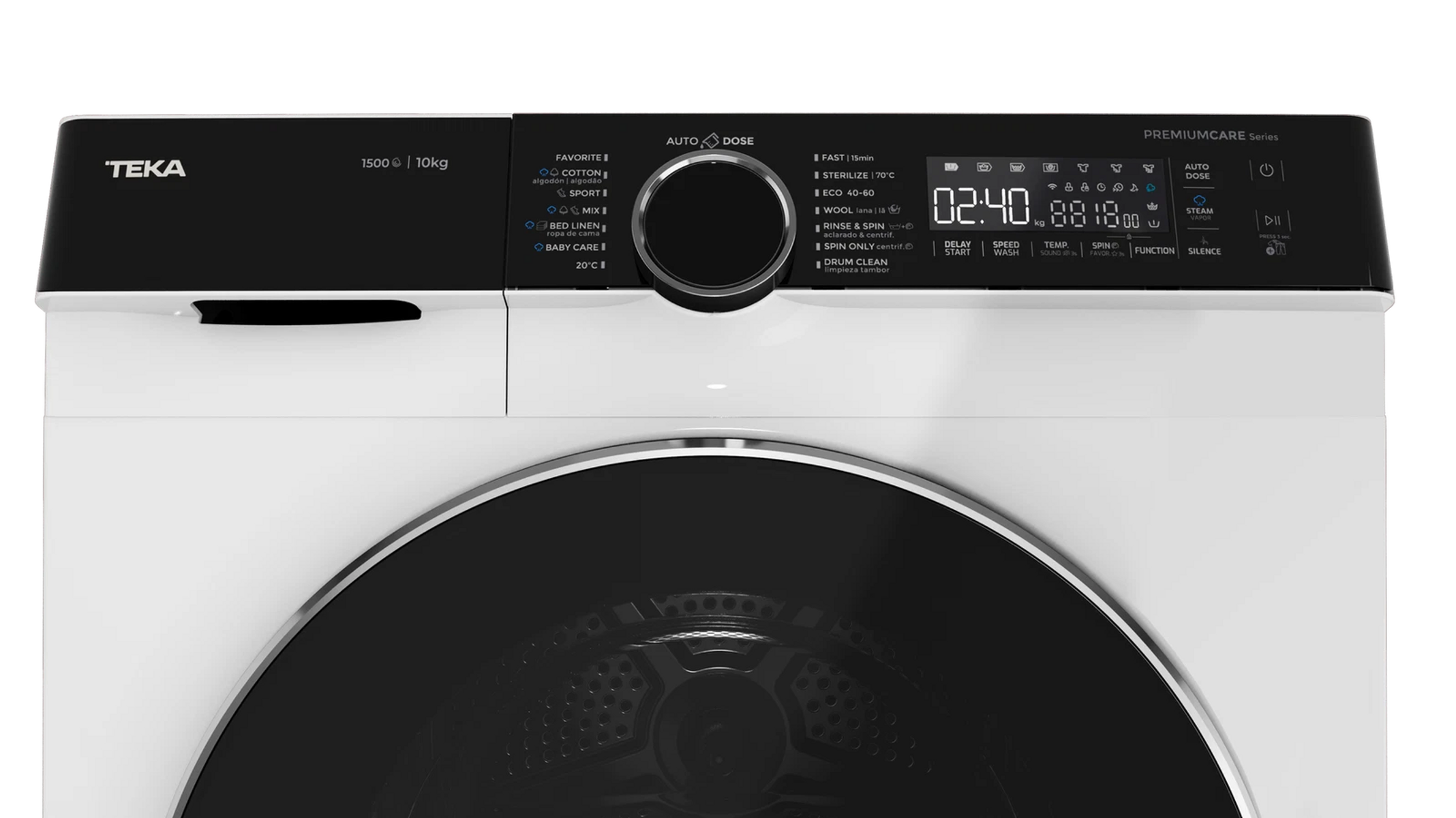 Zbliżenie panelu sterowania białej pralki, przyciski i wyświetlacz.