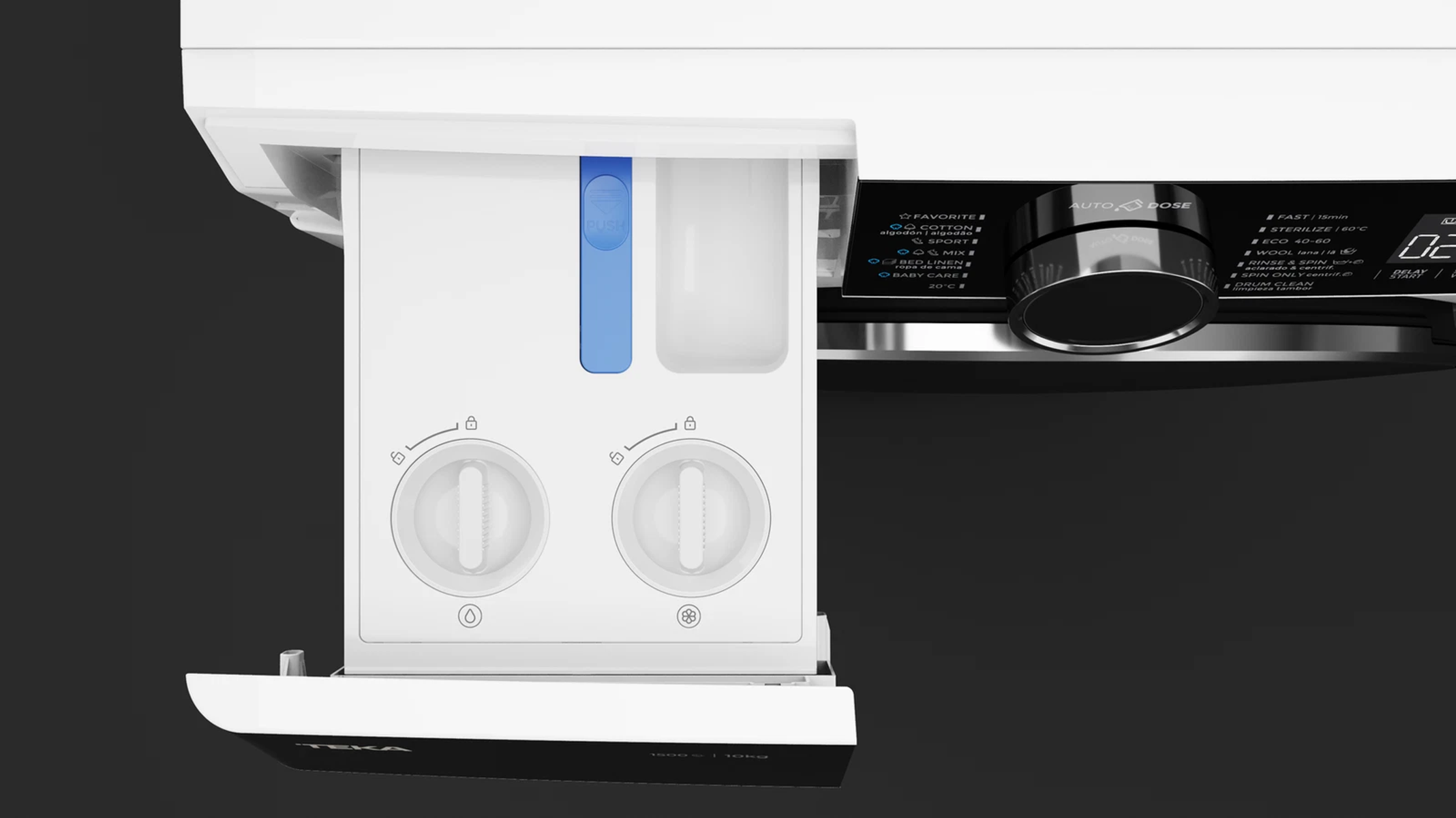 Pralka Teka, otwarte drzwi, pokazująca bęben i panel sterowania.