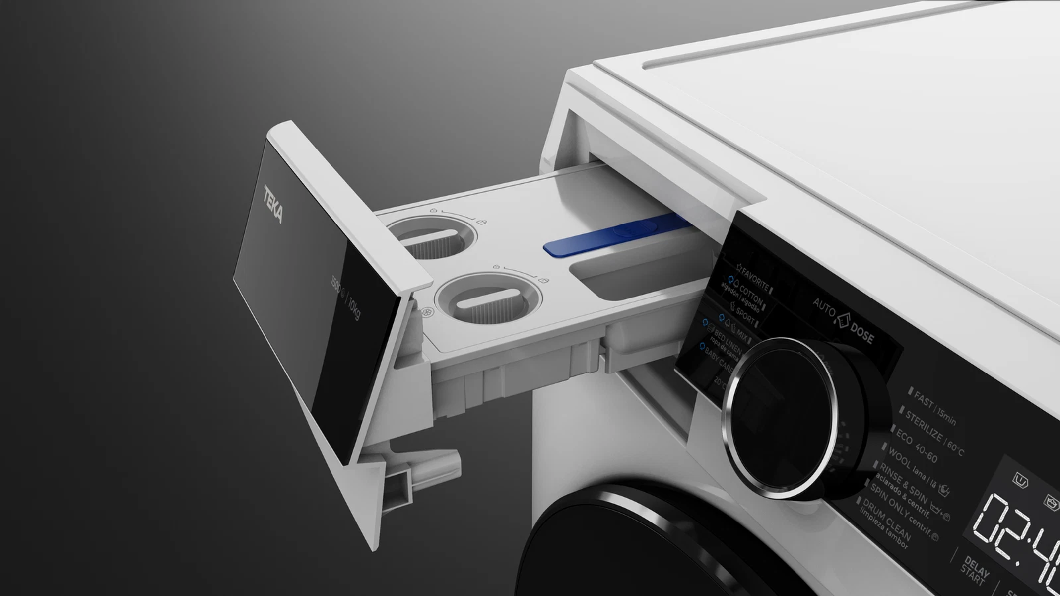 Szuflada pralki otwarta, z przegródkami na detergent i płyn do płukania. Widoczna marka TEKA.