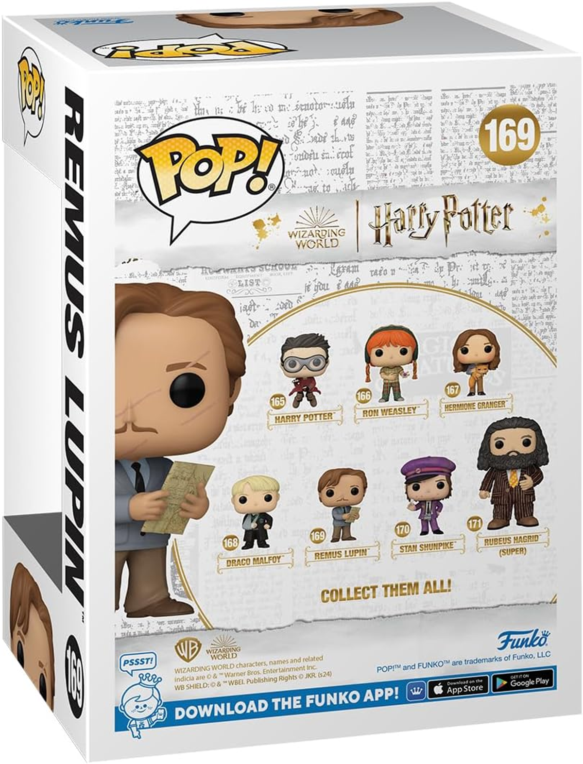 Rückseite einer Harry Potter Funko Pop Box mit Remus Lupin Figur und anderen Charakteren.