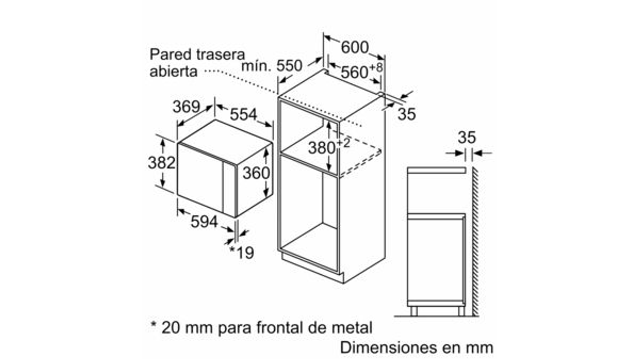 Rysunek techniczny szafki kuchennej, pokazujący wymiary w milimetrach i miejsce na kuchenkę mikrofalową.