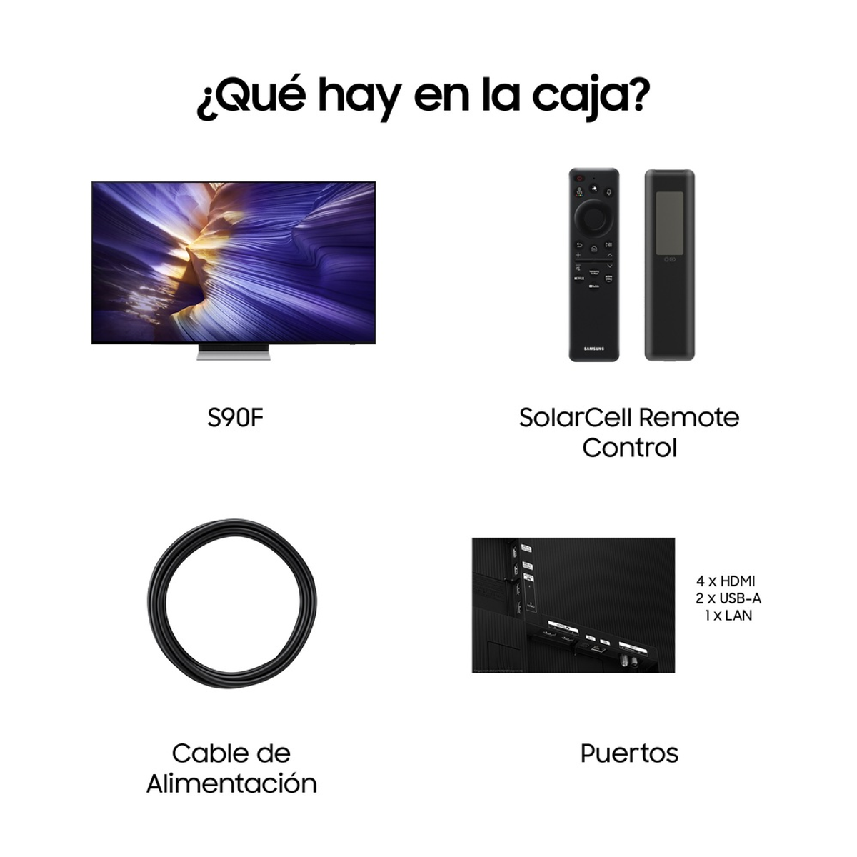 Schemat przedstawiający elementy dołączone do telewizora Samsung S90F, ze zdjęciami telewizora, pilota i kabli.