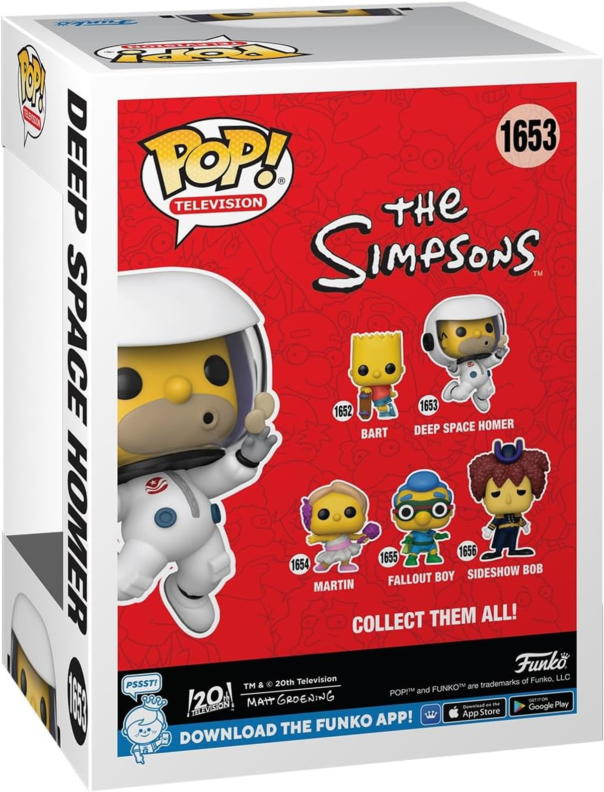 Schachtelkunst der Deep Space Homer Funko Pop-Figur. Zeigt Homer im Raumanzug mit anderen Simpsons-Figuren.