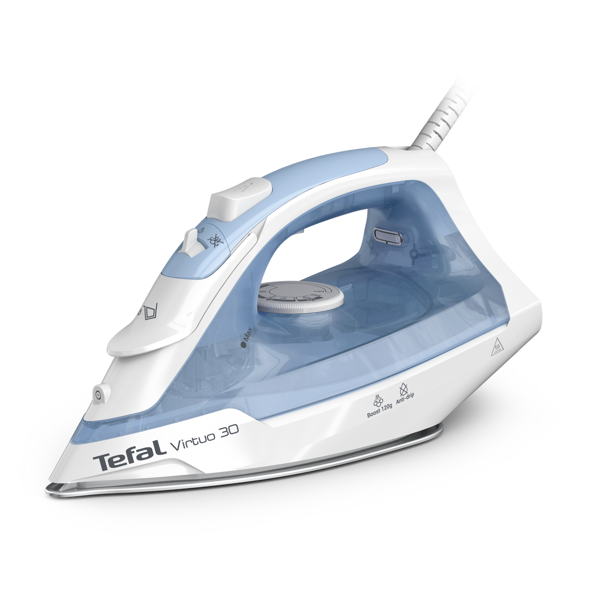 Weißes und blaues Tefal Virtuo 30 Bügeleisen auf schwarzem Hintergrund. Das Bügeleisen hat mehrere Knöpfe und einen Wassertank.