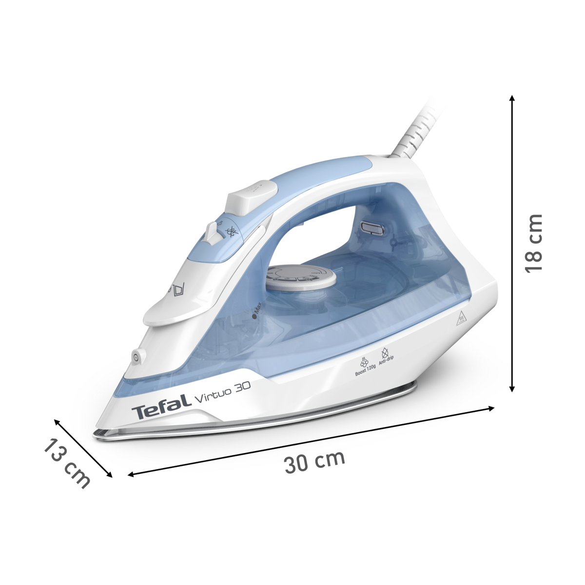 Weißes und blaues Bügeleisen mit Größenangaben: 30 cm lang, 13 cm breit und 18 cm hoch.