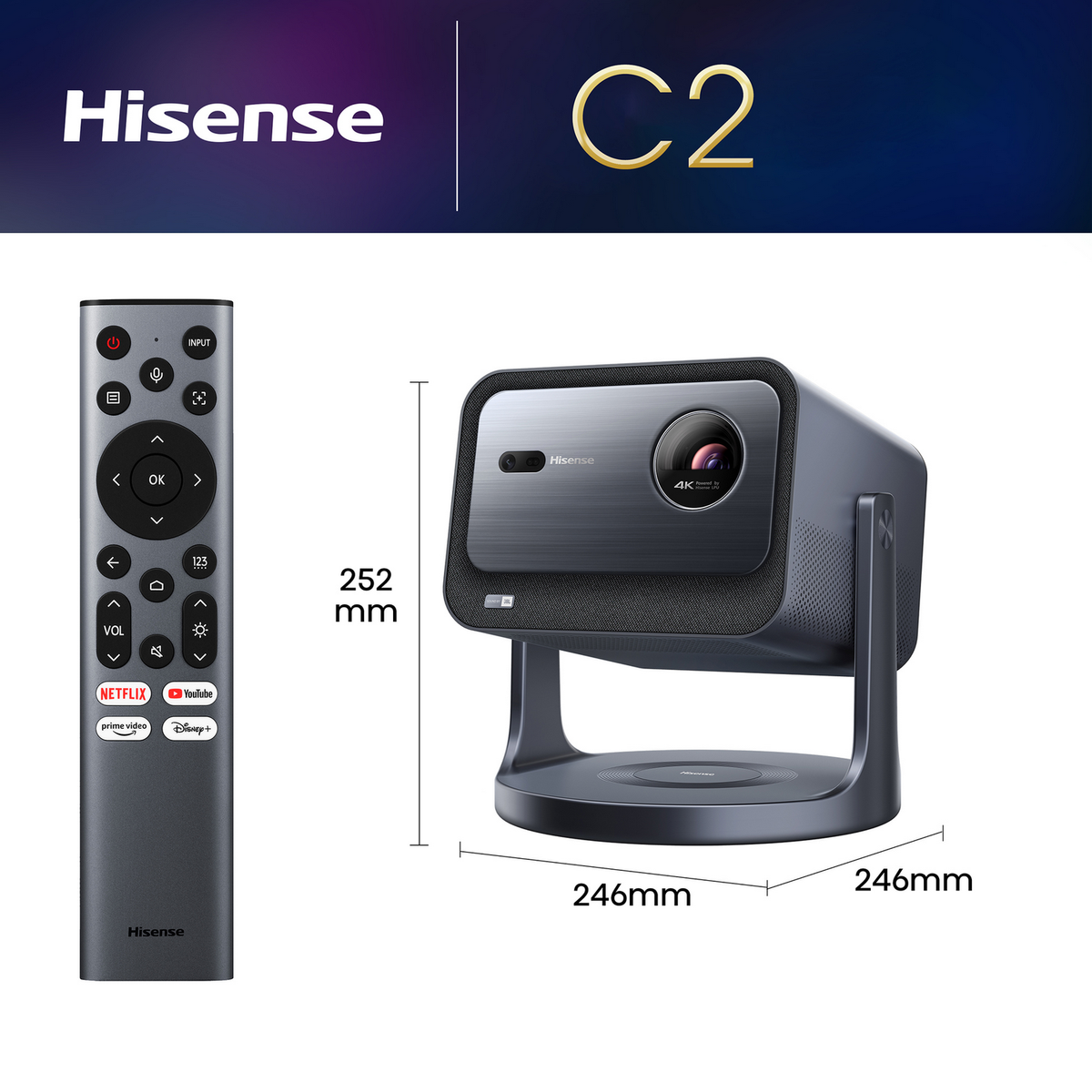Projecteur Hisense C2 avec télécommande. Le projecteur est gris foncé, montrant les dimensions et les fonctionnalités.