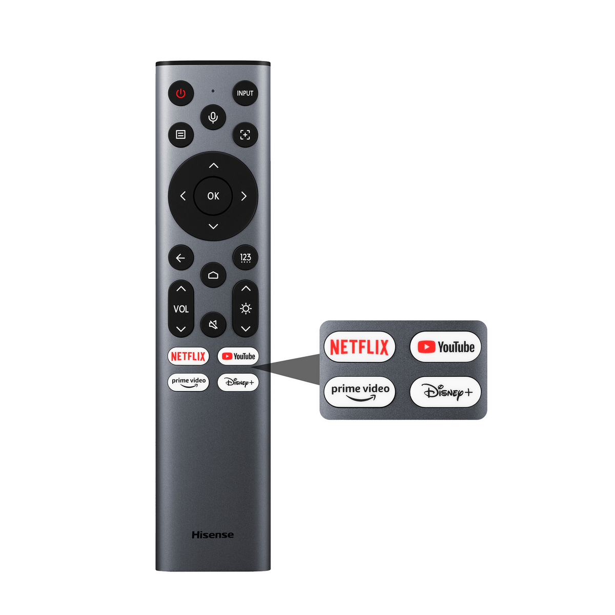 Une télécommande Hisense avec boutons et raccourcis d'applications.