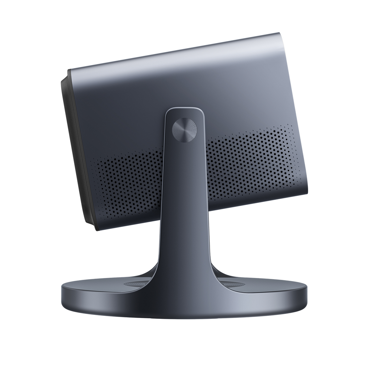 Vue arrière d'un projecteur gris foncé sur un support, avec trous d'aération.