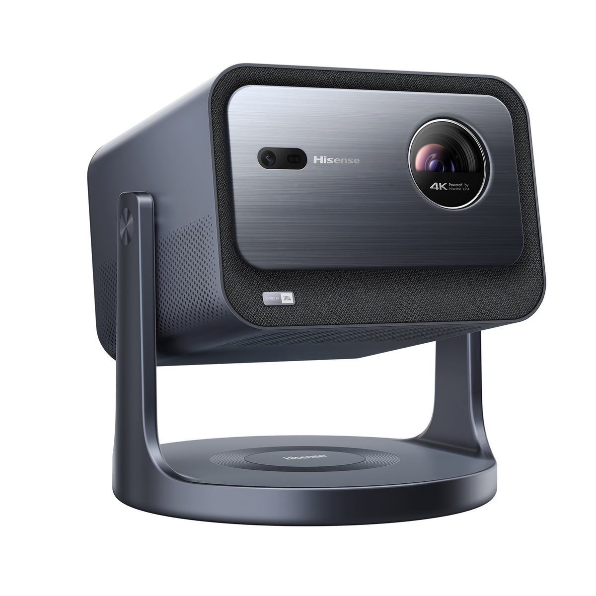Gros plan d'un projecteur Hisense noir et gris foncé avec une base ronde. Le projecteur est sur fond blanc.