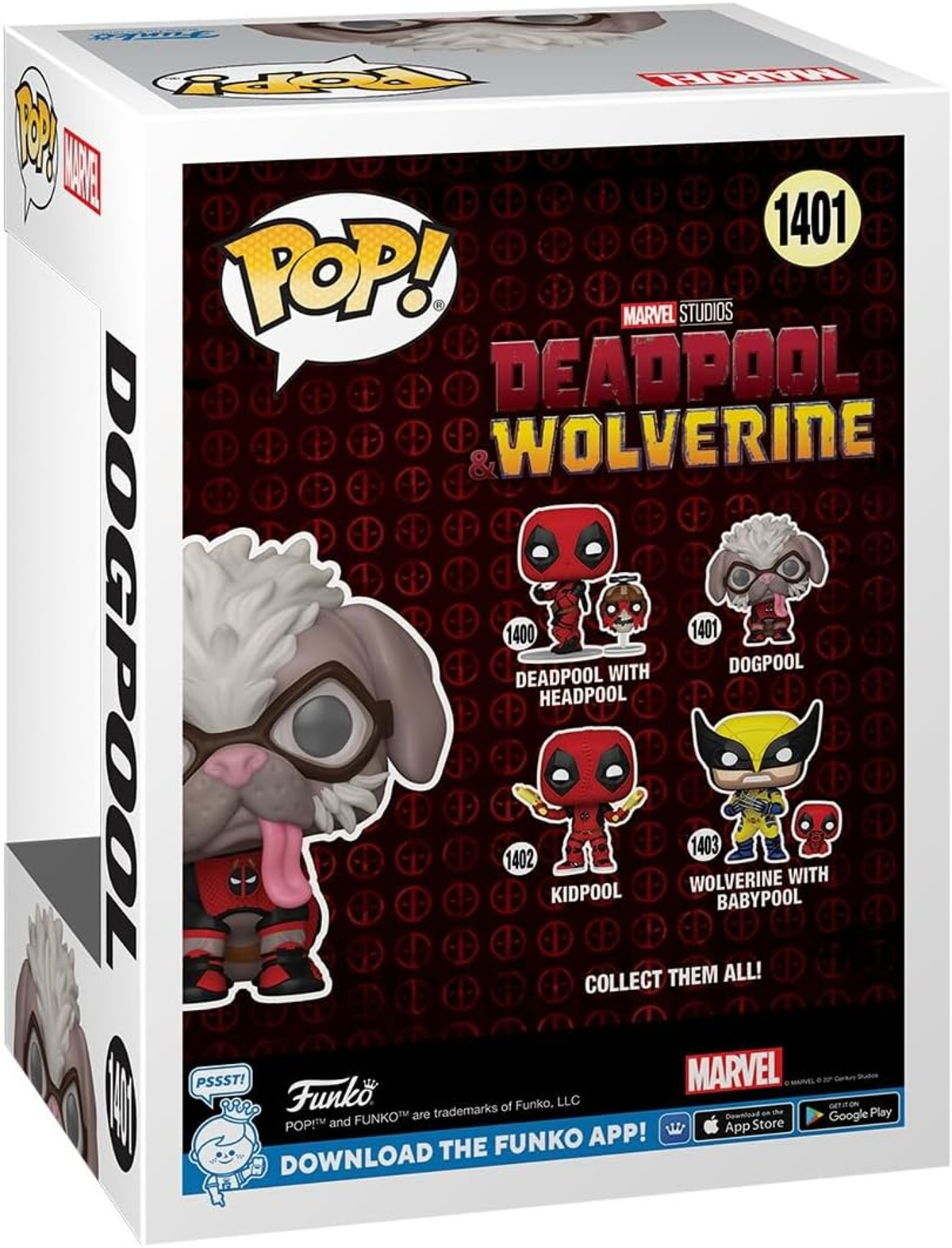 Una caja Funko Pop con Dogpool y otros personajes de Deadpool.