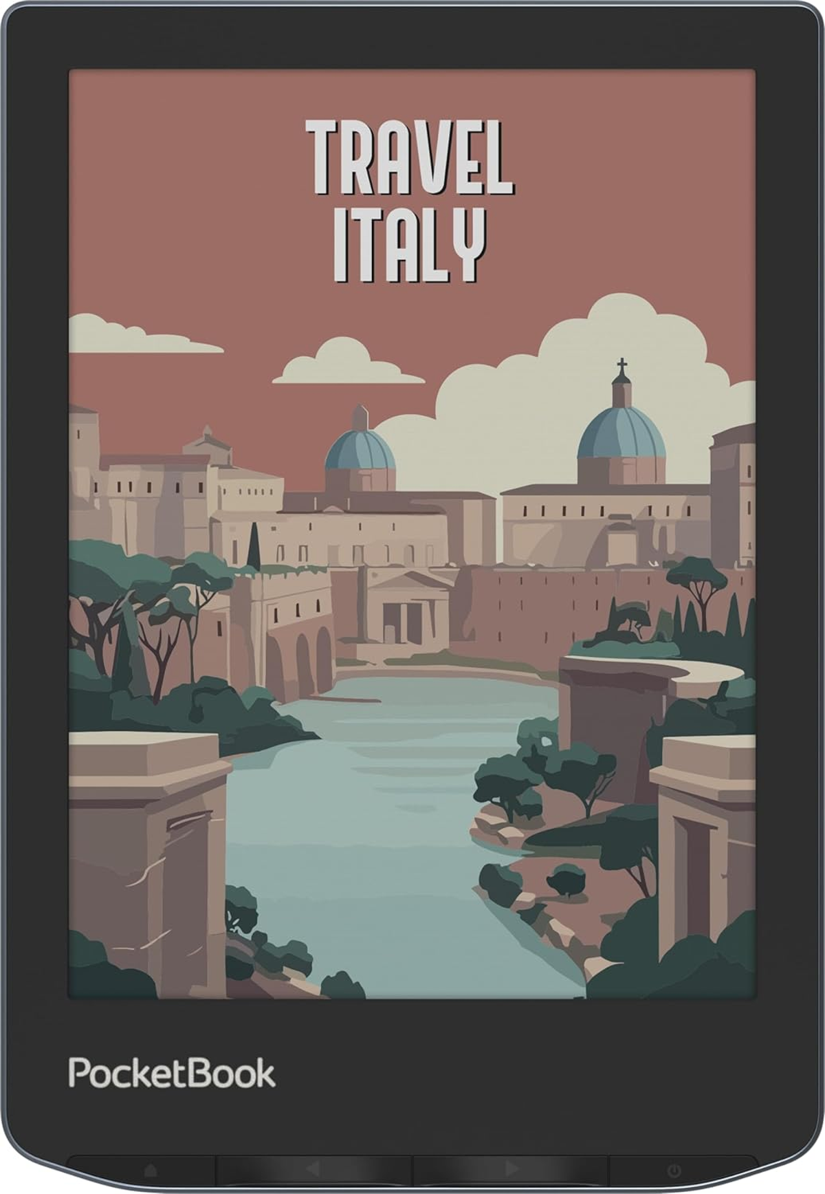 Czytnik ebooków wyświetlający ilustrację budynków, wody i tekst 'Travel Italy' na ekranie.
