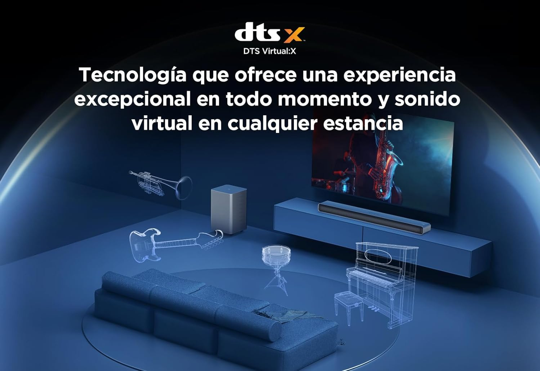 Ilustracja pokoju ze sprzętem dźwiękowym i instrumentami, prezentująca technologię DTS:X Virtual:X.