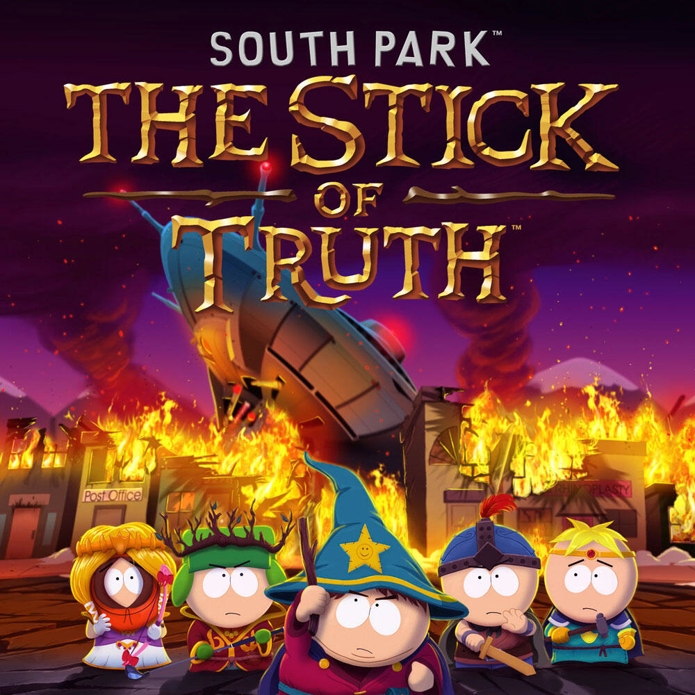 South Park: The Stick of Truth copertina. Personaggi di fronte a una città in fiamme, con un aereo.