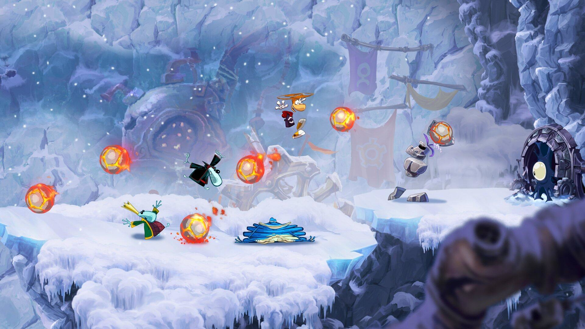 Rayman in einem verschneiten Level weicht Feuerbällen aus. Der Hintergrund ist eine eisige Höhle mit Feinden und Plattformen.