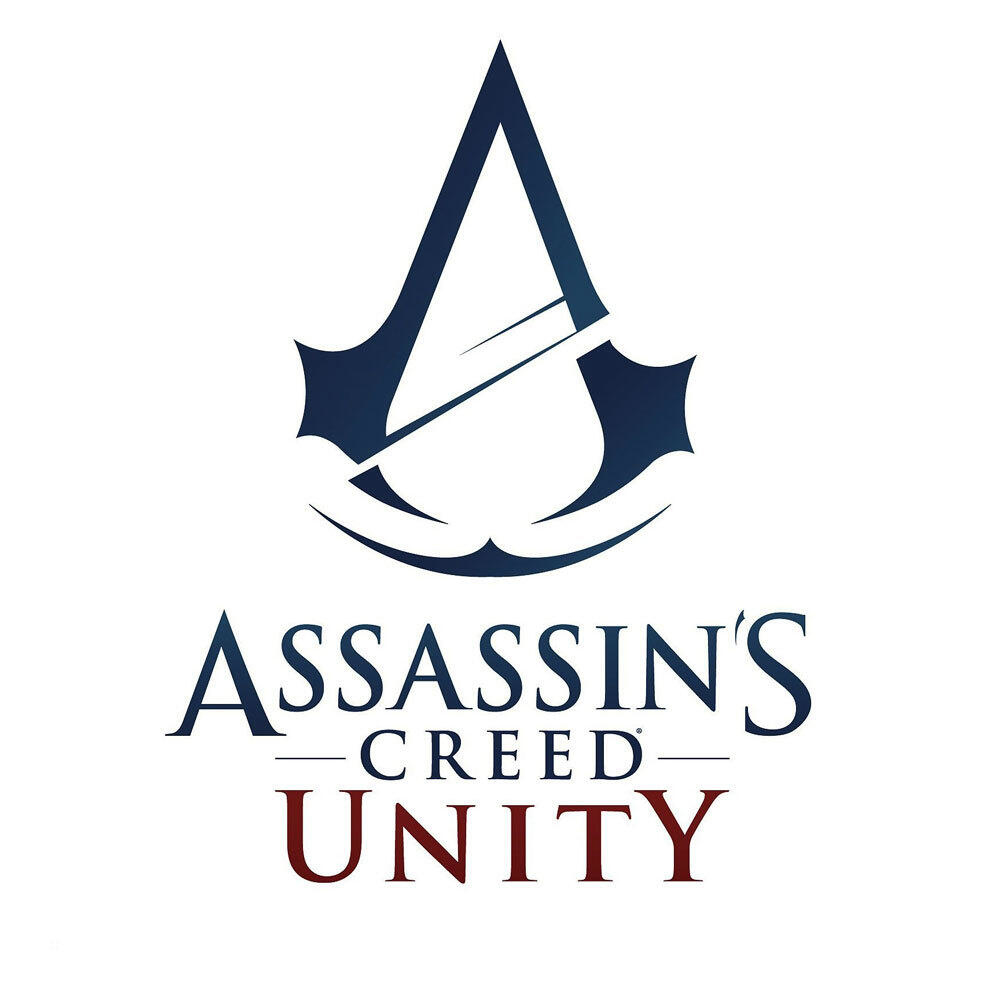 Logo Assassin's Creed Unity ze stylizowanym emblematem zabójcy na białym tle.