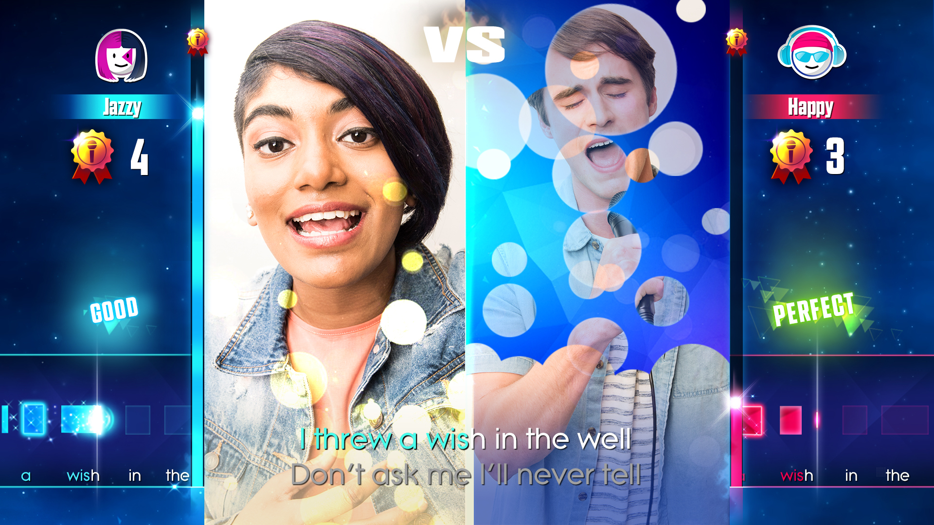 Dwie osoby śpiewające na ekranie, z wynikami i ocenami 'Good' i 'Perfect'.