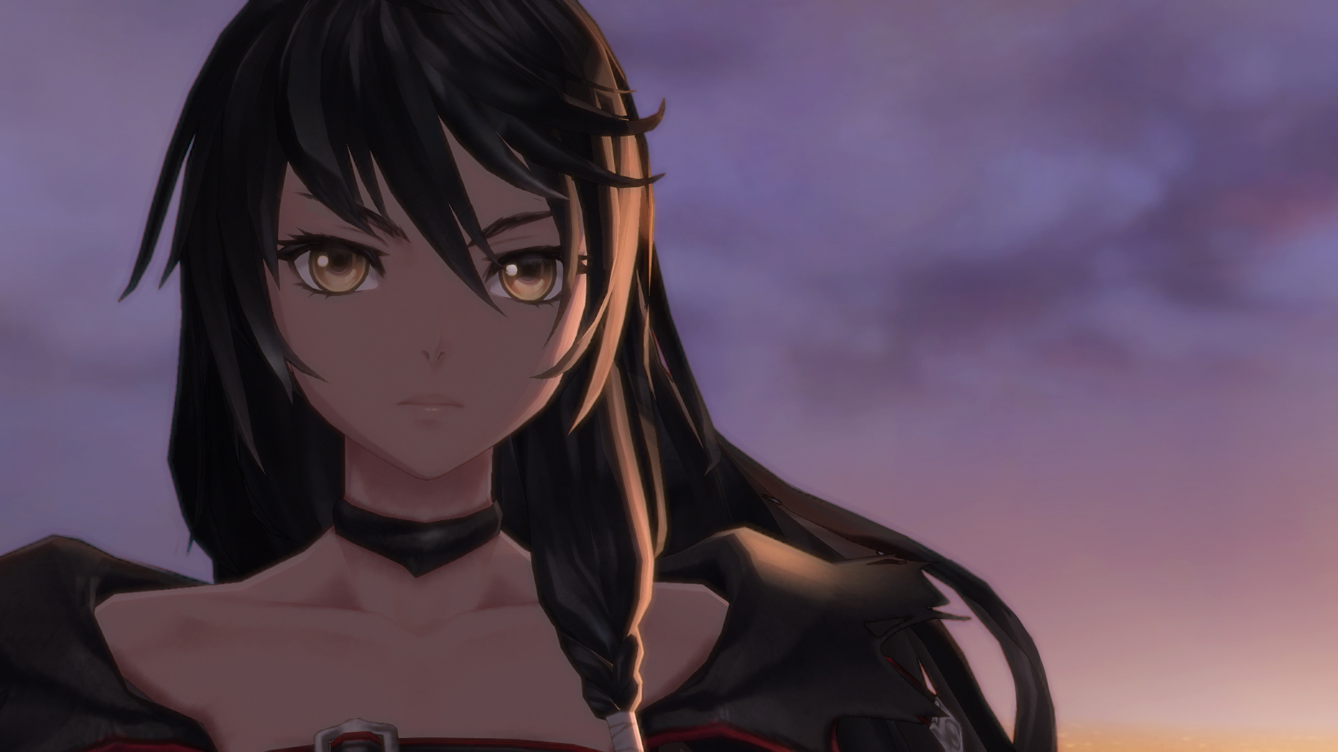Anime-Figur mit langen schwarzen Haaren. Die Figur hat braune Augen und blickt den Betrachter an.