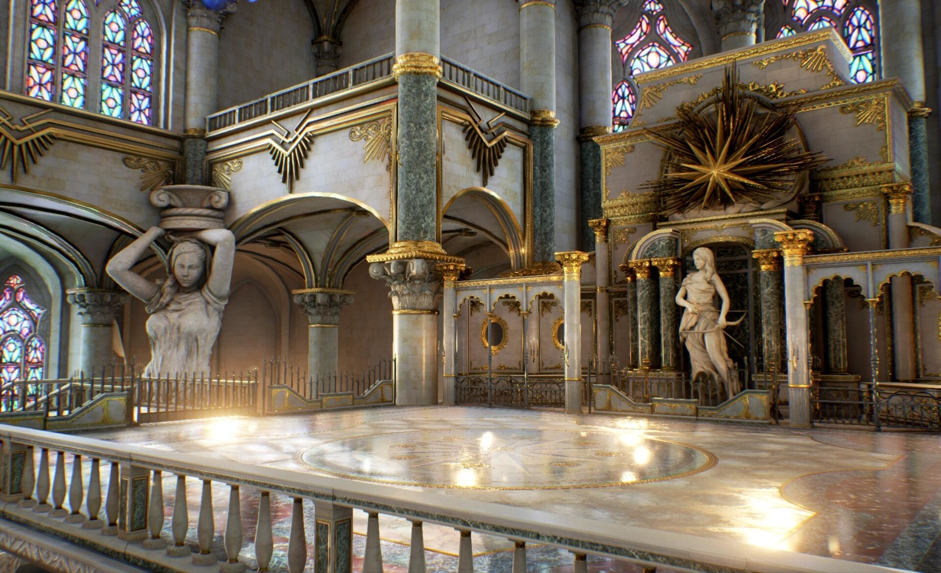 Ozdobna sala z posągami, witrażami i złotymi akcentami. Światło słoneczne wpada przez okna.