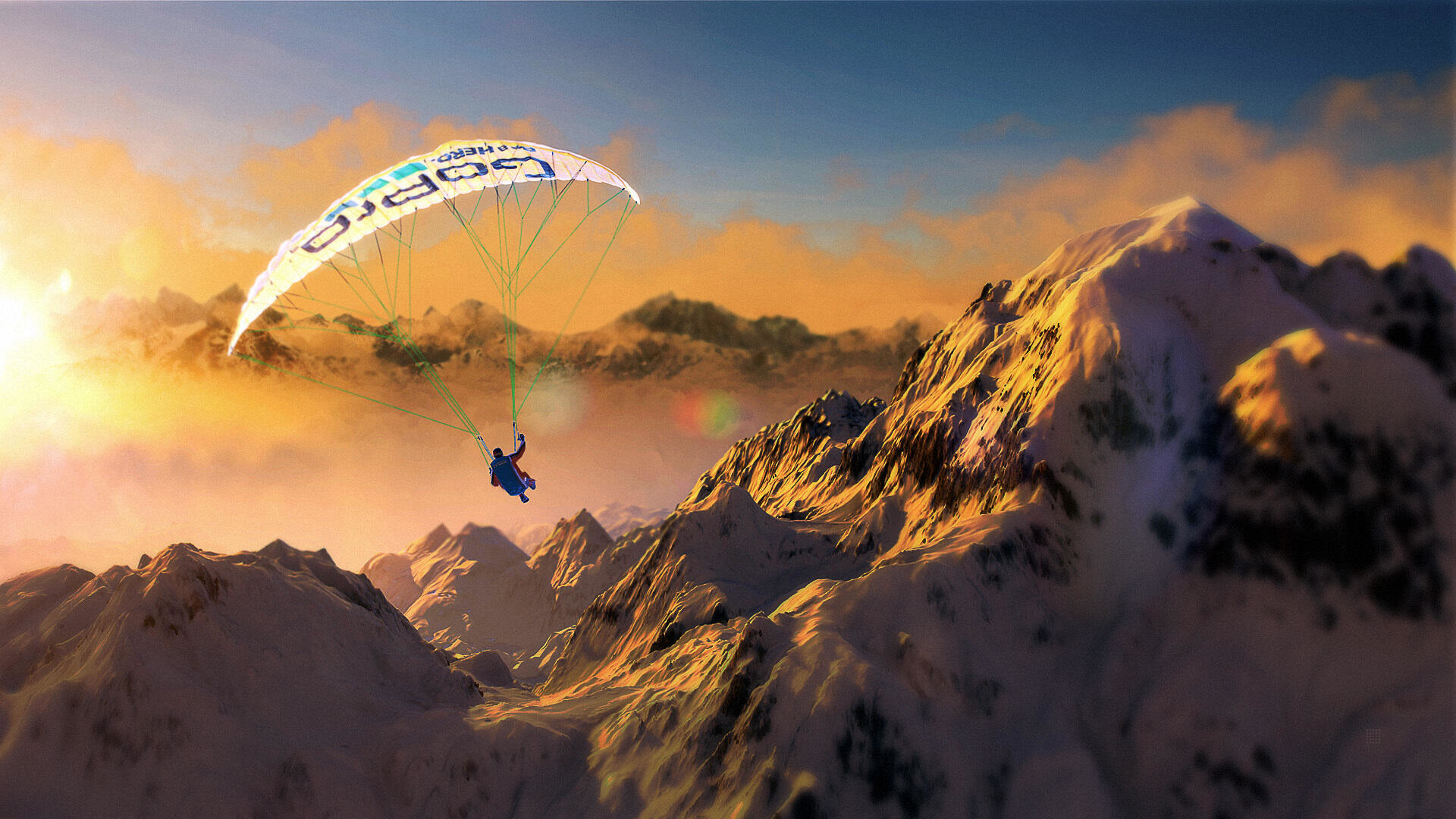 Eine Person paraglidet über schneebedeckte Berge mit einem GoPro-gebrandeten Gleitschirm.
