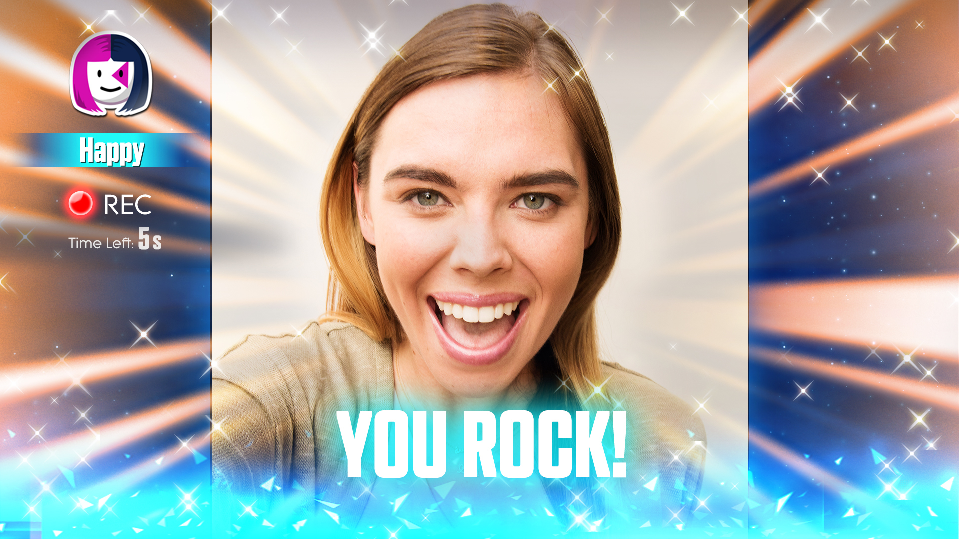Kobieta uśmiecha się i mówi 'YOU ROCK!' z tłem interfejsu gry.