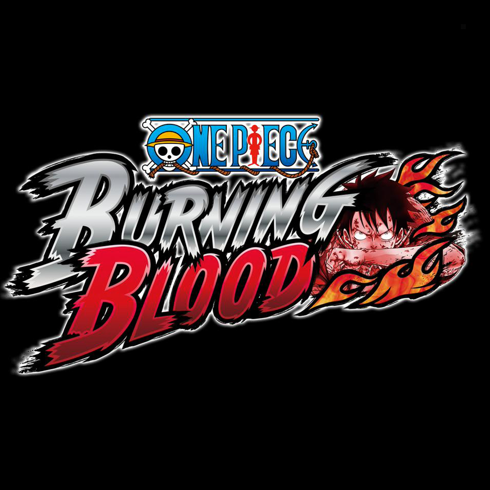 Tytuł gry 'ONE PIECE Burning Blood' z ilustracją postaci na czarnym tle.