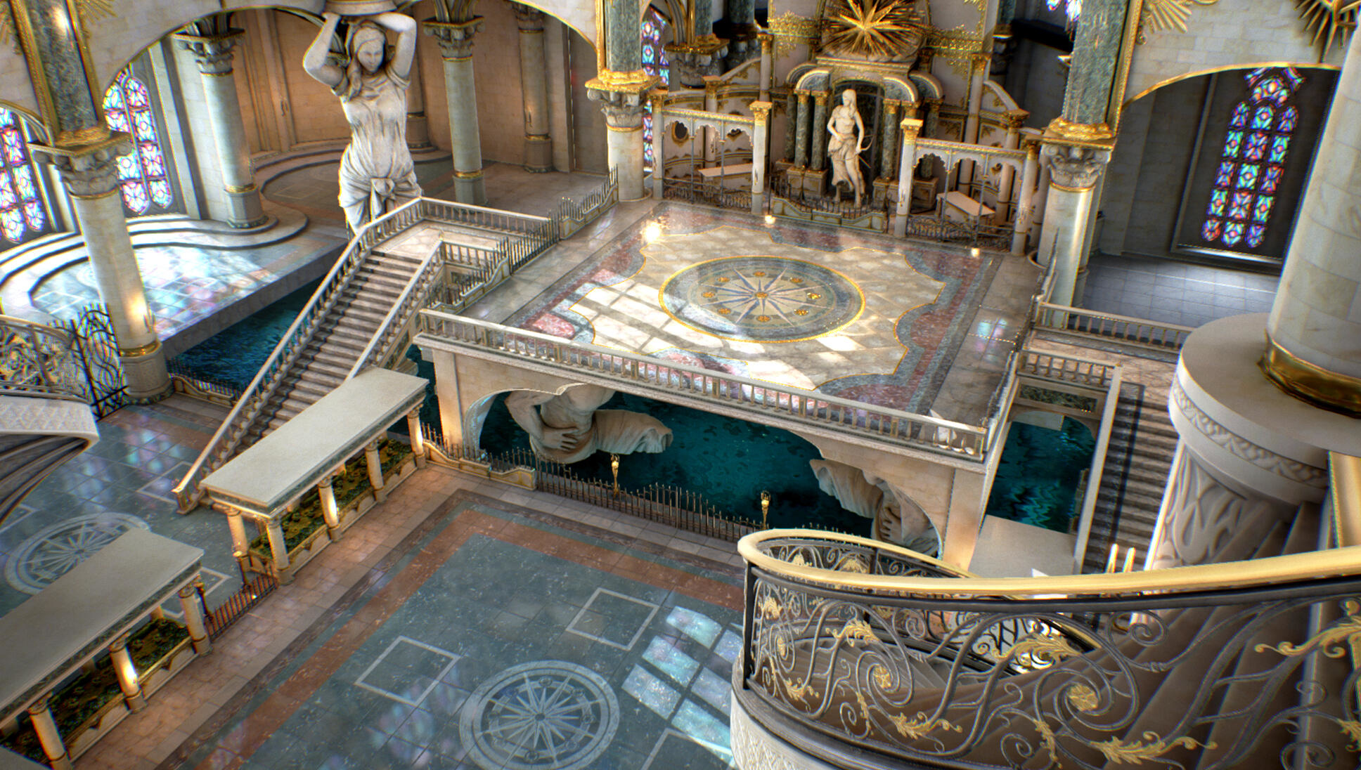 Ozdobny widok z góry na dużą salę z posągami, balkonami, odblaskowym basenem i szczegółową architekturą.