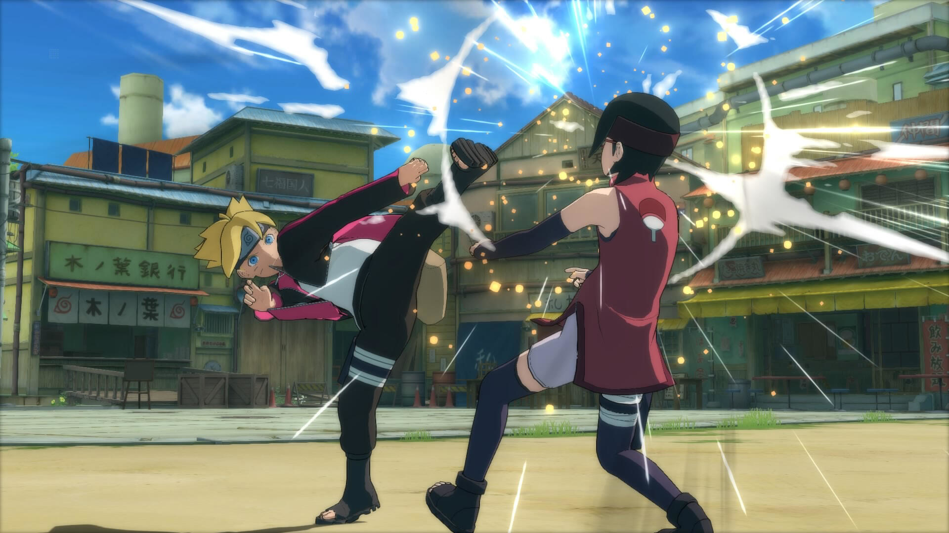 Zwei Anime-Charaktere kämpfen, einer tritt, der andere blockt, in einer Stadt mit Gebäuden im Hintergrund.