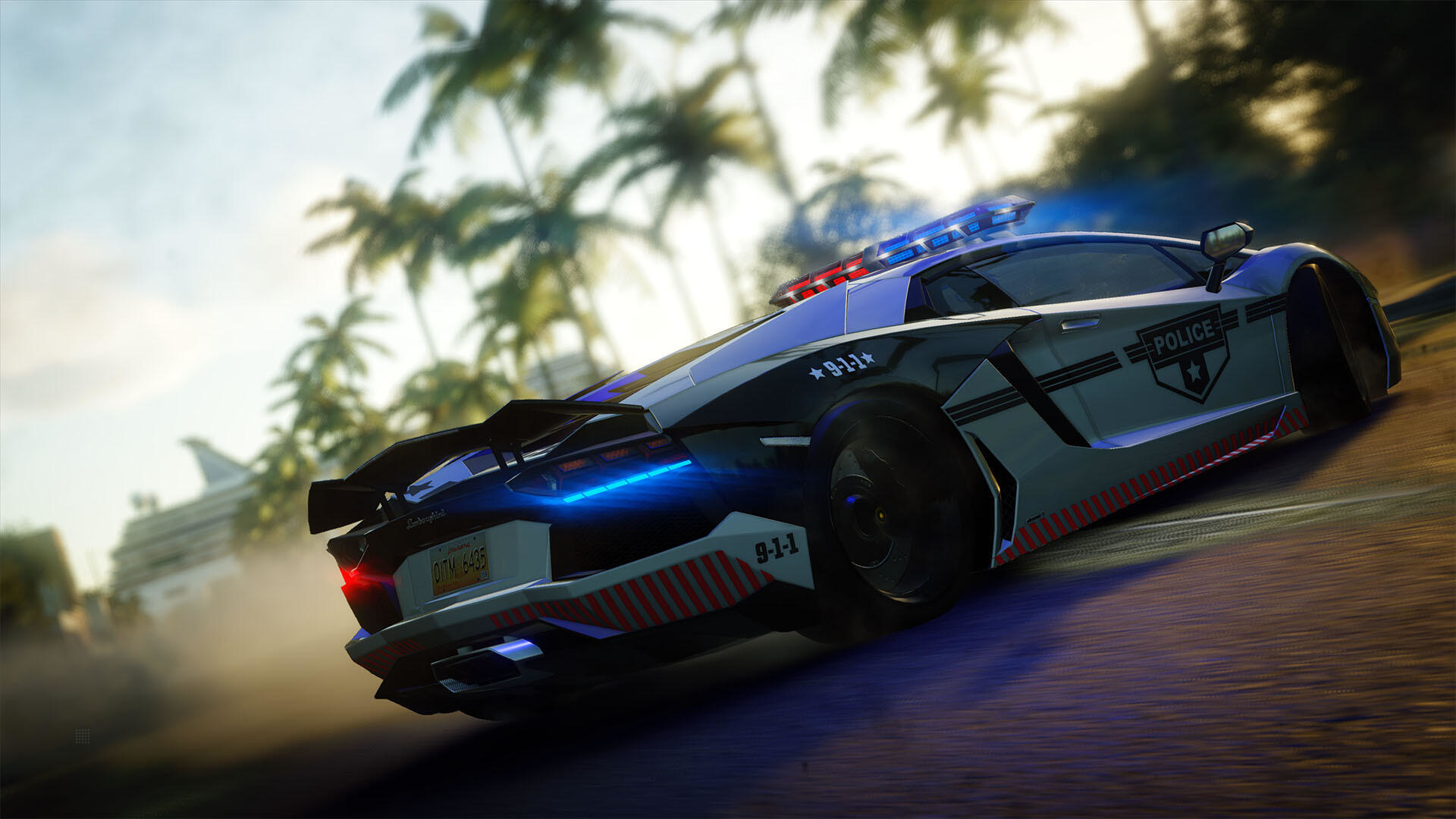 Policyjne Lamborghini jedzie drogą. Samochód ma światła policyjne i logo 9-1-1.
