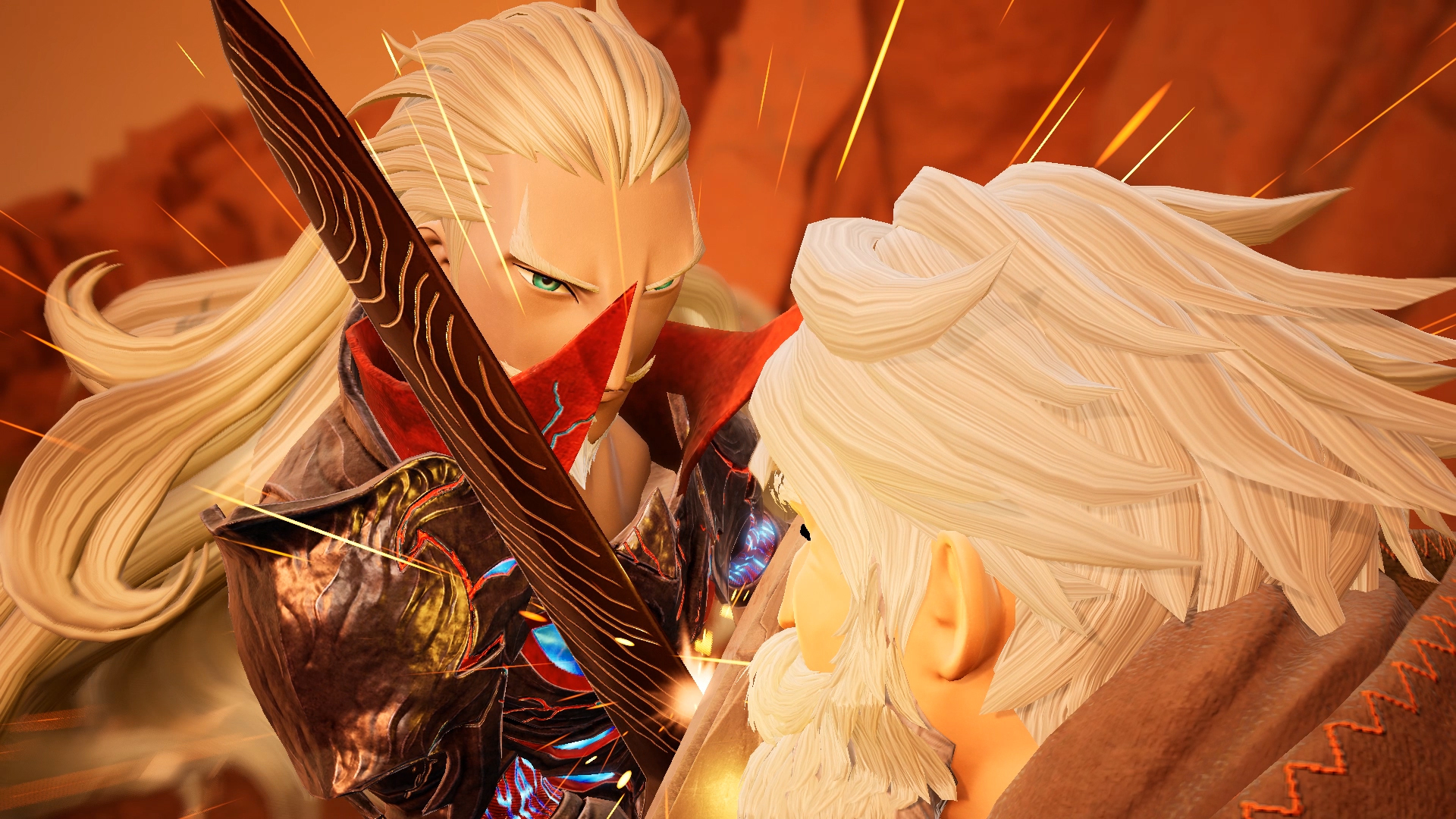 Dwie postacie stają naprzeciwko siebie, jedna z mieczem. Tło to ogniste, pomarańczowo-czerwone środowisko.