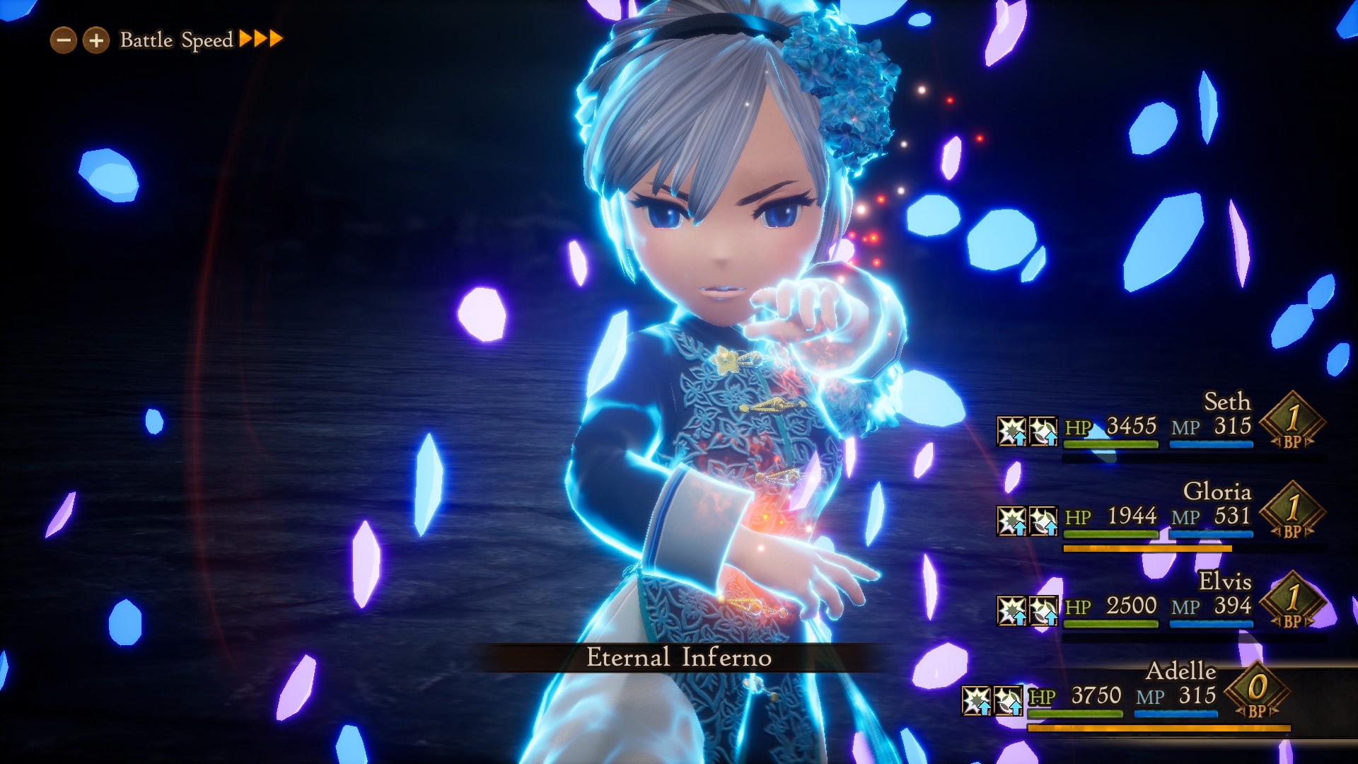 Postać rzuca zaklęcie. Niebieskie cząsteczki światła otaczają postać, w ciemnym kosmicznym tle.